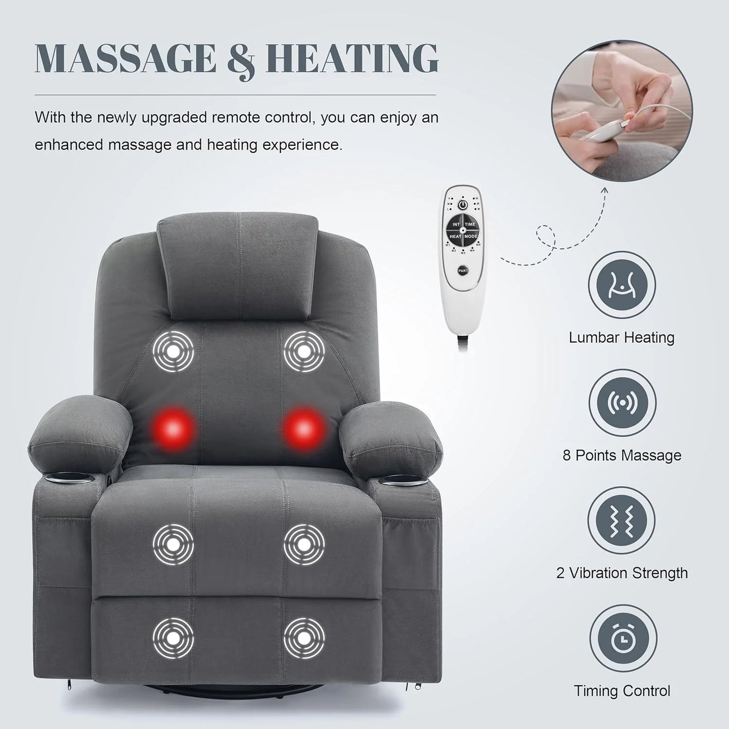 Oversized Swivel Rocker Recliner Chair with Heat and Massage, 360 Degree Swivel Rocking Single Sofa with Cup Holders and USB Port, Large Big Recliner Chair for Living Room (Leather, Brown)