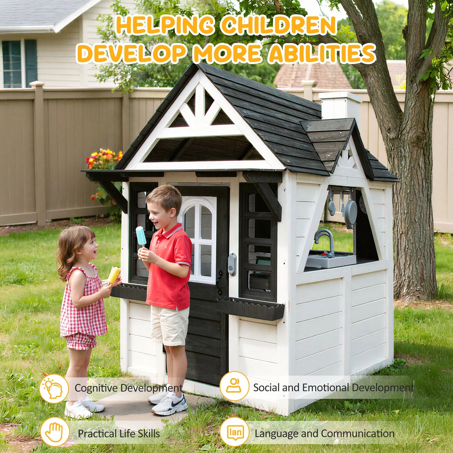 COCLUB Outdoor Playhouse for Kids Ages 4-8, Wooden Play House with Doorbell, Phone, Kitchen Toys, Outdoor Kids Play Equipment, Casa Para Ni?as (45L x 65H), White & Black