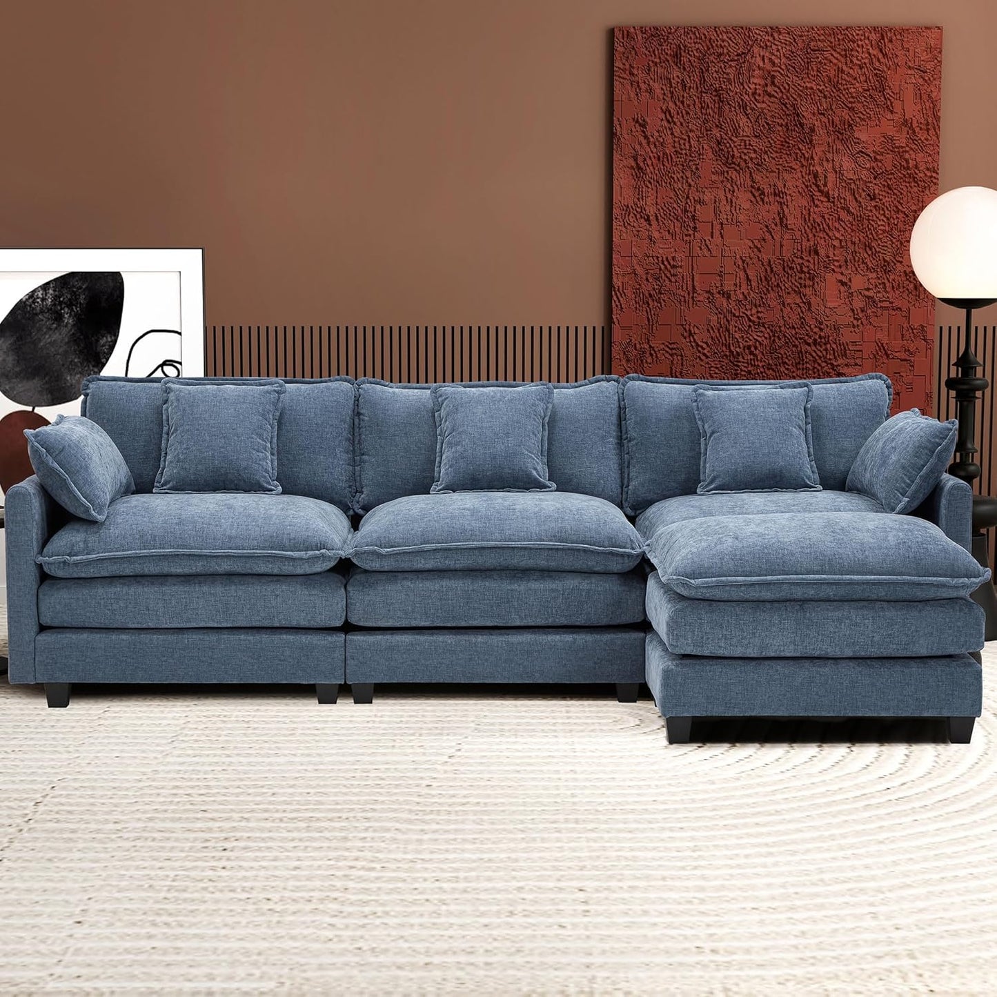Ihanherry 146" U-Shaped Modern Sofa Modular Sectional Cloud Couch with 2 Ottoman, 6-Seat Chenille Deep Seat Sofa with 6 Pillows for Living Room, Bedroom and Apartment, Grey