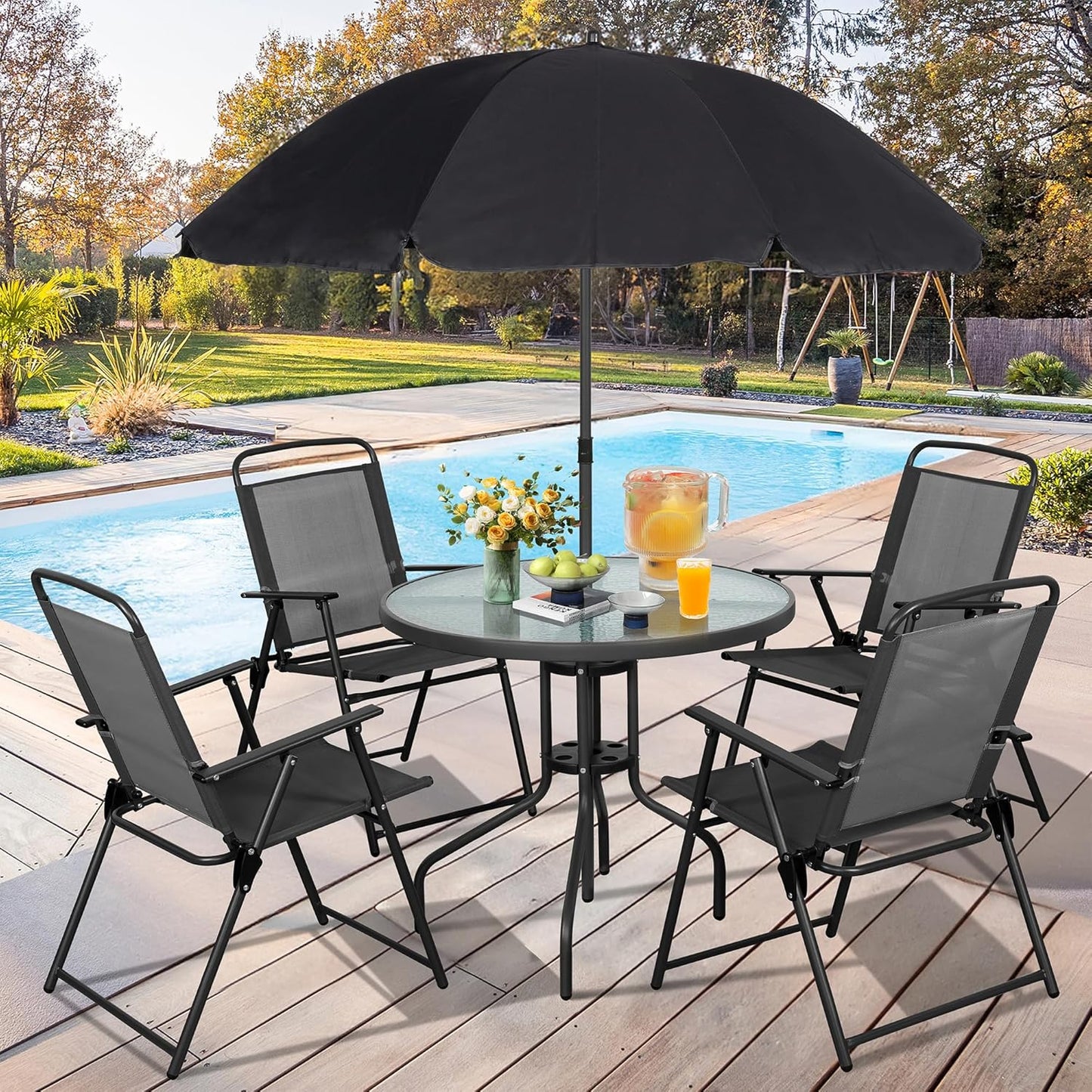 Vongrasig 6 Piece Folding Patio Dining Set Small Metal Outdoor Garden Patio Table and Chair Set