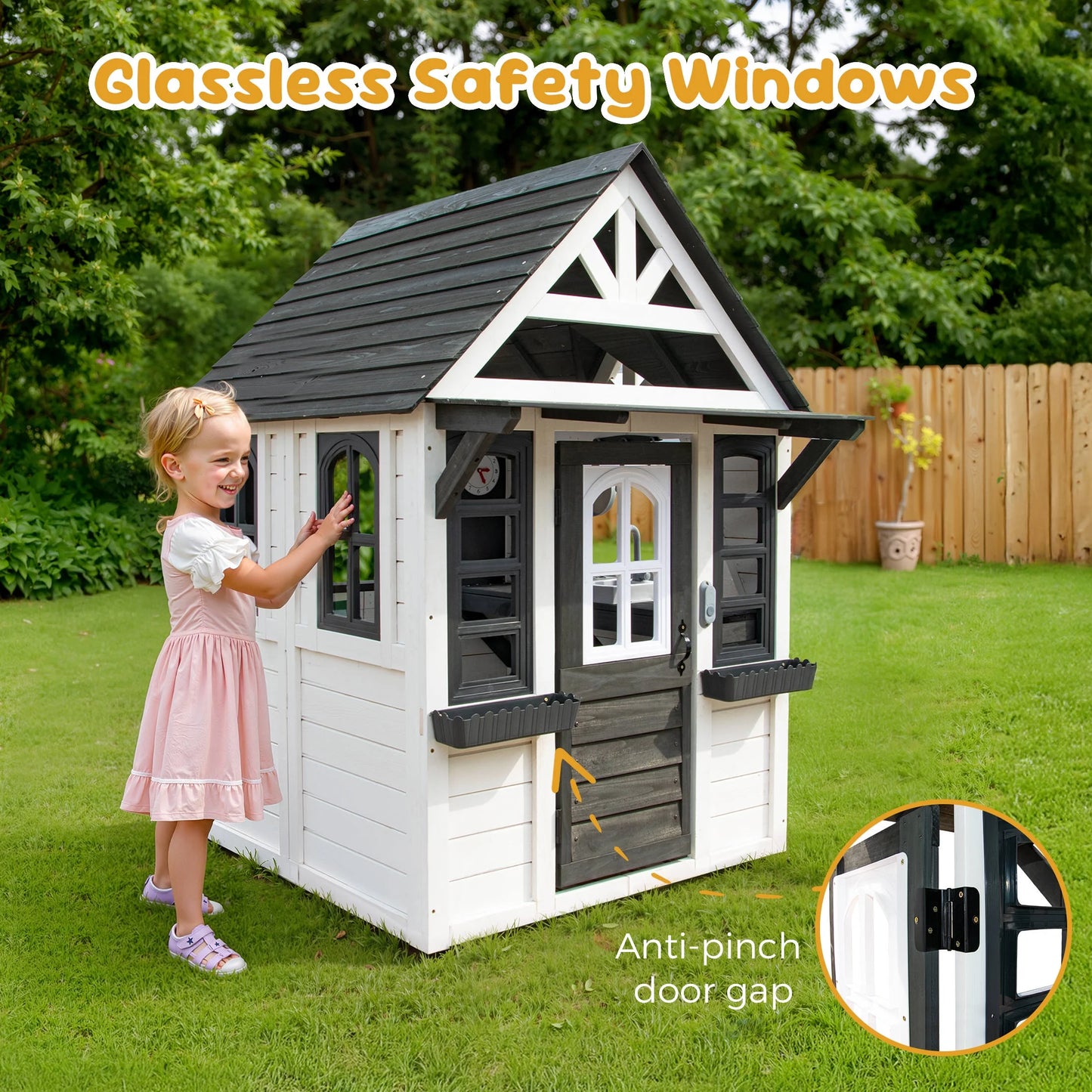 COCLUB Outdoor Playhouse for Kids Ages 4-8, Wooden Play House with Doorbell, Phone, Kitchen Toys, Outdoor Kids Play Equipment, Casa Para Ni?as (45L x 65H), White & Black