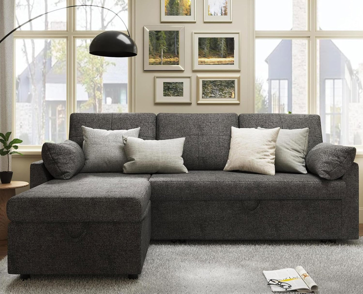 VanAcc Sofa Bed, Sleeper Sofa with Storage Chaise 2 in 1 Pull Out Couch Living Room