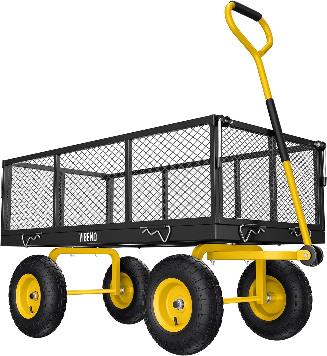 Steel Garden Cart, 2-in-1 1400 lbs Heavy Duty Utility Wagon, with Removable Mesh Sides to Convert into Flatbed, 240 U-Turn 13" Pneumatic Tires Garden Wagon for Farm Yard Lawn Garden Camping