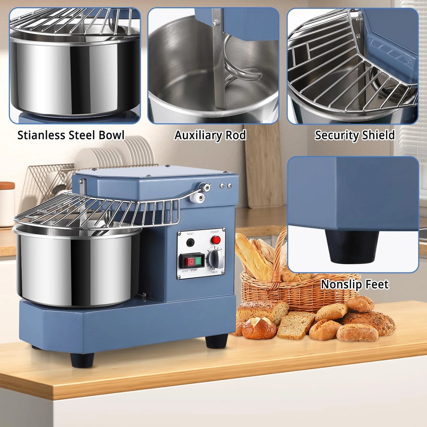 2025  8Qt Commercial Food Mixer, 450W Dual Rotating Dough Kneading Machine w Food-grade Stainless Steel Bowl, Security Shield & Timer, Commercial