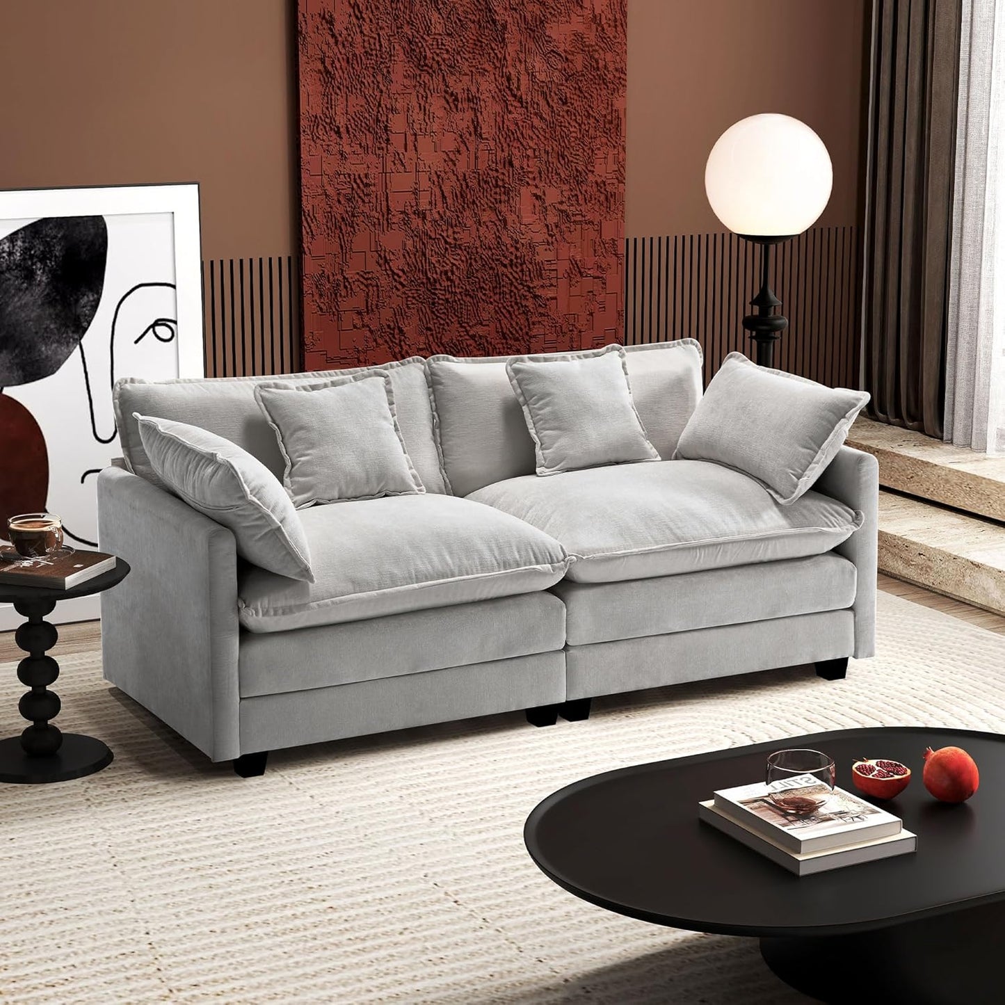 Ihanherry 146" U-Shaped Modern Sofa Modular Sectional Cloud Couch with 2 Ottoman, 6-Seat Chenille Deep Seat Sofa with 6 Pillows for Living Room, Bedroom and Apartment, Grey