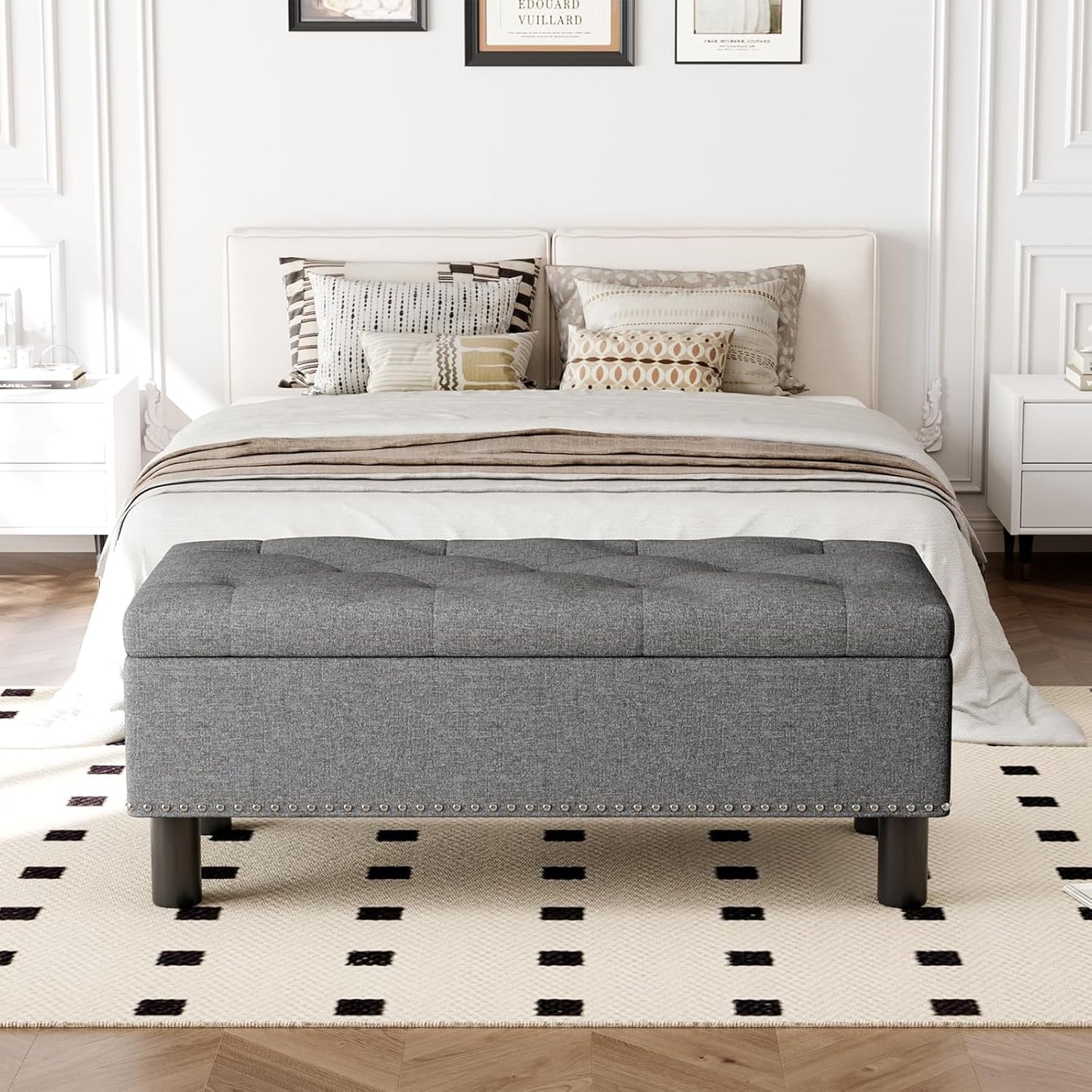 Furniliving Modern Storage Ottoman Bench, Sherpa Ottoman End of Bed Bench with Solid Wood Legs Upholstered Ottoman Benches with Storage Indoor Bench for Living Room with Rolled Arm, Entryway, White