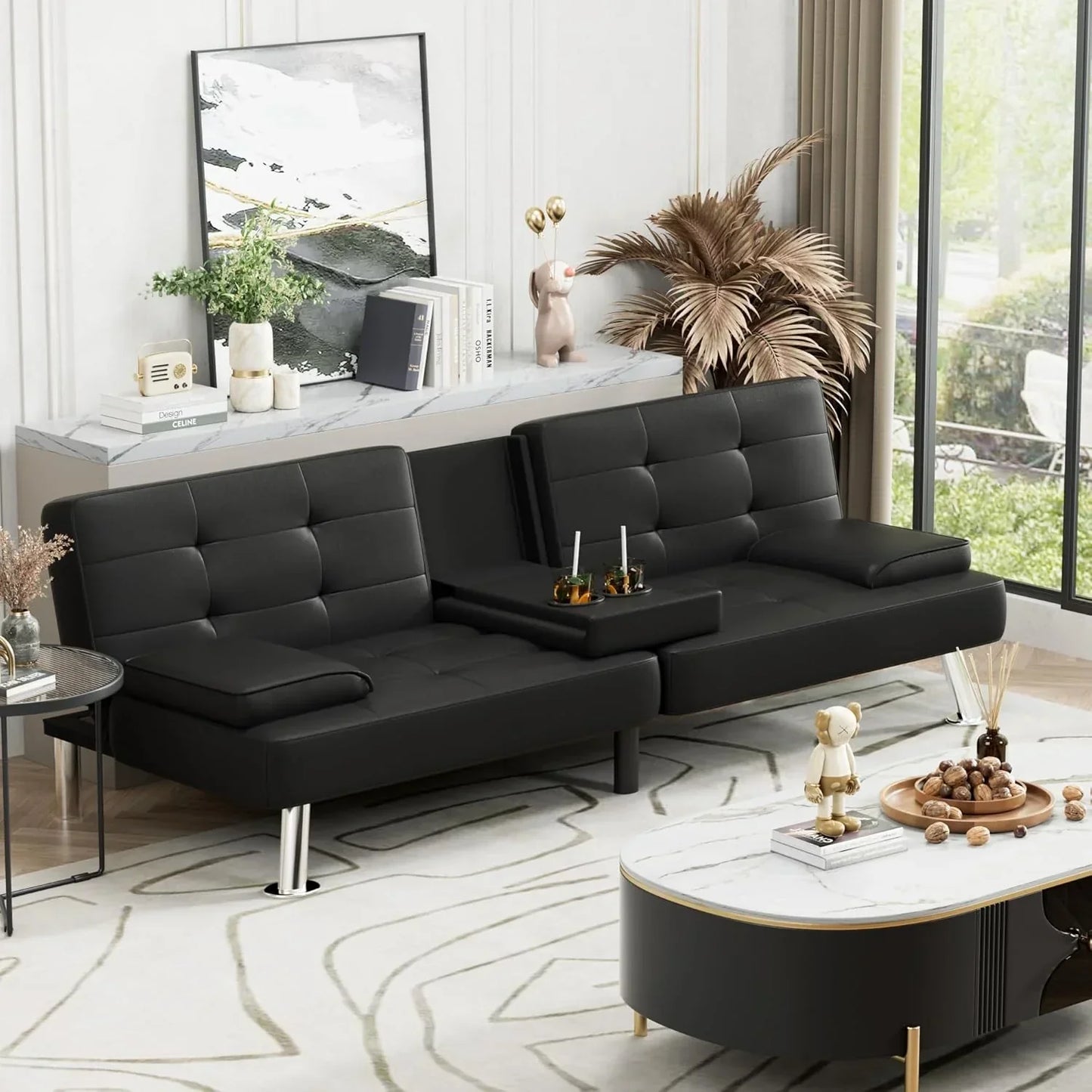 Homall Futon Sofa Bed Leather Futon Couch with Armrests Adjustable Recliner Sleeper Sofa Bed