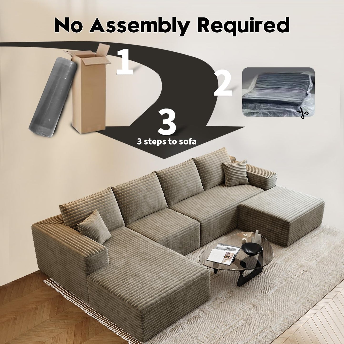 107.5" Cloud Modular Sectional Sofa Couch with L-Shape Chaise,Modern Minimalist Upholstered Couches for Living Room Bedroom,Deep Seat Corner Couch .No Assembly Required (Black,Left Facing Chaise)