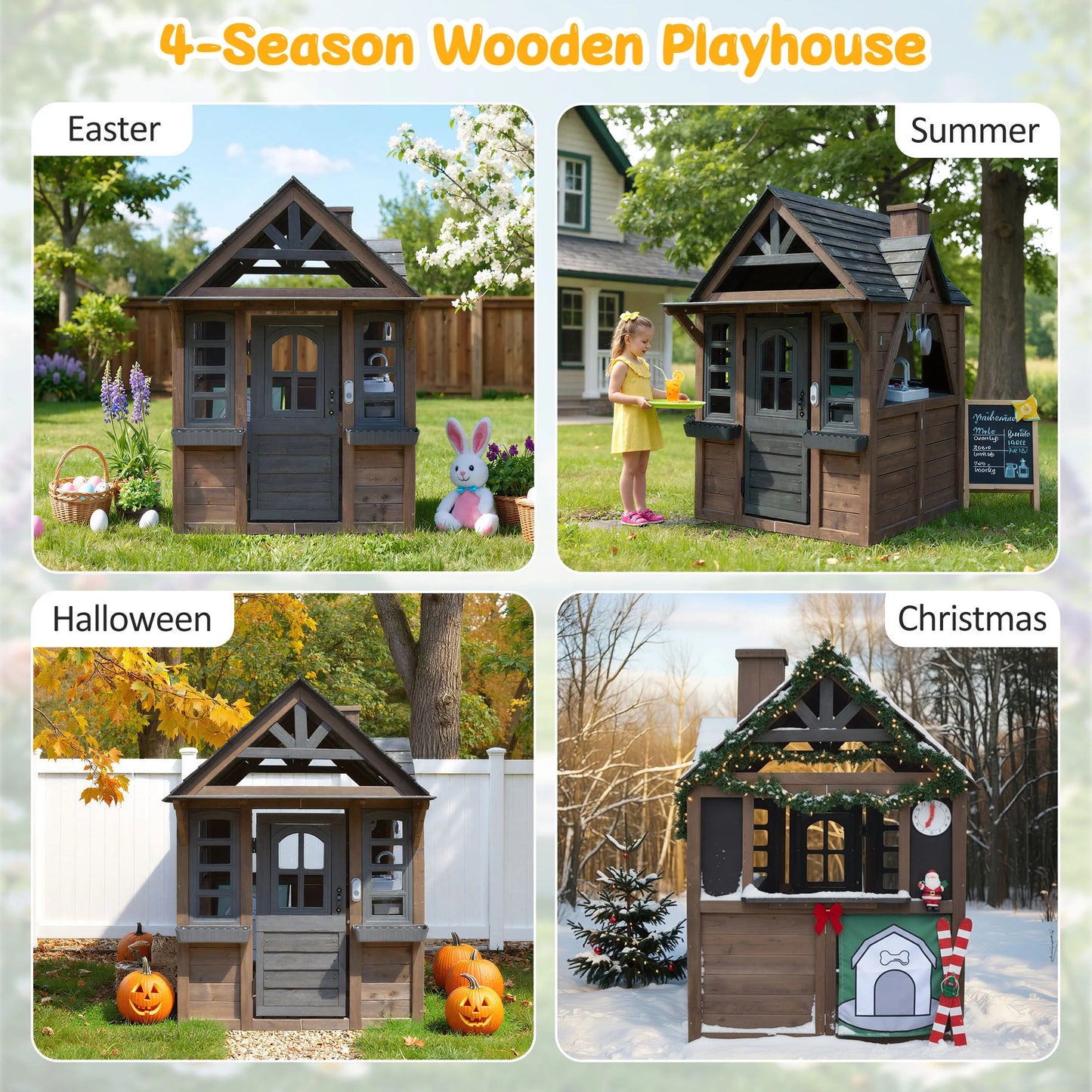 COCLUB Outdoor Playhouse for Kids Ages 4-8, Wooden Play House with Doorbell, Phone, Kitchen Toys, Outdoor Kids Play Equipment, Casa Para Ni?as (45L x 65H), White & Black