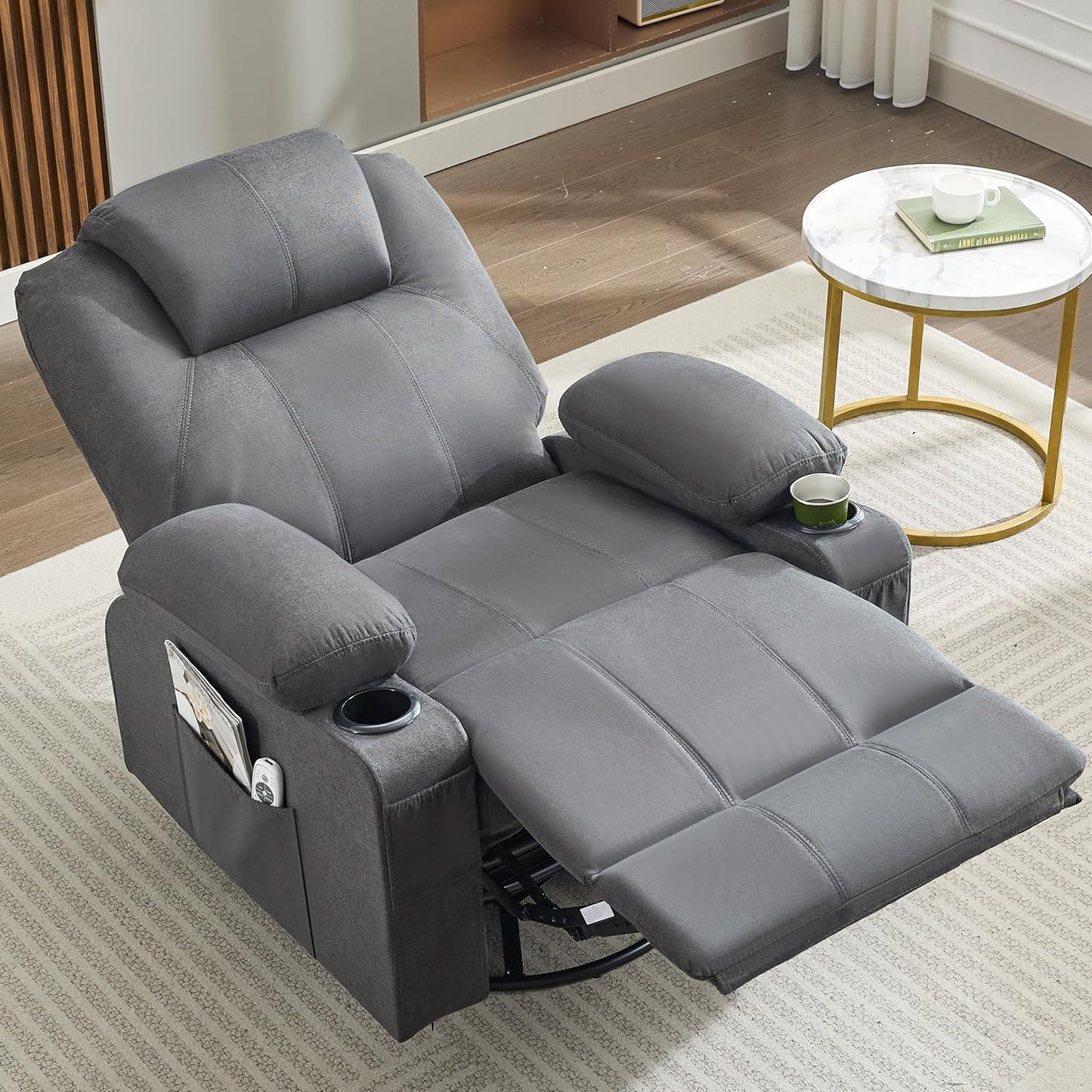 Oversized Swivel Rocker Recliner Chair with Heat and Massage, 360 Degree Swivel Rocking Single Sofa with Cup Holders and USB Port, Large Big Recliner Chair for Living Room (Leather, Brown)