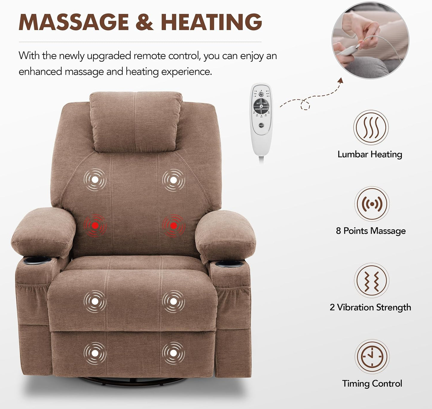 Oversized Swivel Rocker Recliner Chair with Heat and Massage, 360 Degree Swivel Rocking Single Sofa with Cup Holders and USB Port, Large Big Recliner Chair for Living Room (Leather, Brown)