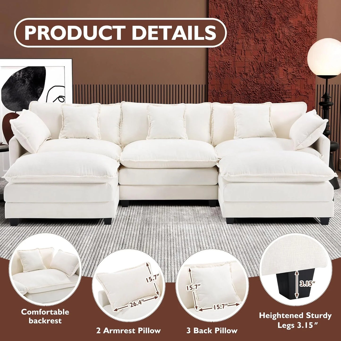 Ihanherry 146" U-Shaped Modern Sofa Modular Sectional Cloud Couch with 2 Ottoman, 6-Seat Chenille Deep Seat Sofa with 6 Pillows for Living Room, Bedroom and Apartment, Grey