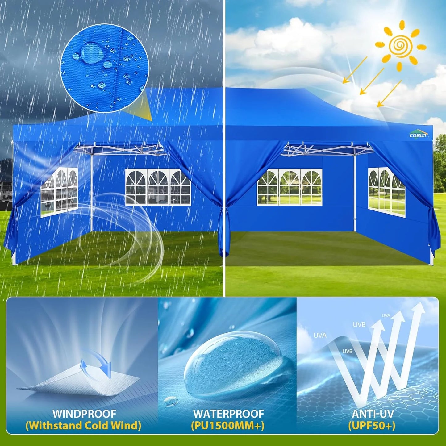 COBIZI 10x20 Heavy Duty Pop up Canopy Tent with 6 sidewalls Easy Up Commercial Outdoor Canopy Wedding Party Tents for Parties All Season Wind & Waterproof Gazebo with Roller Bag,Black(Frame Thickened)