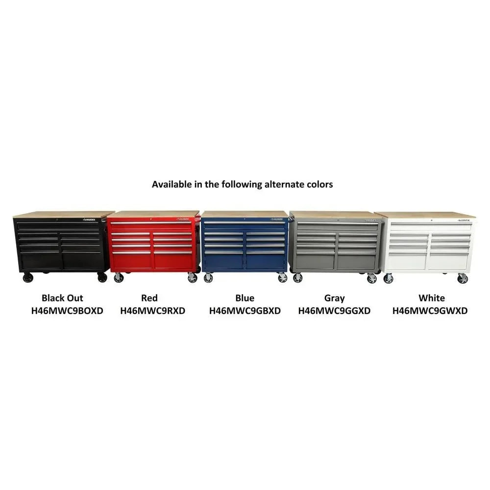 Mobile workbench with 9 drawers, hardwood top and power connection, 117 cm W x 62 cm D C high-gloss black