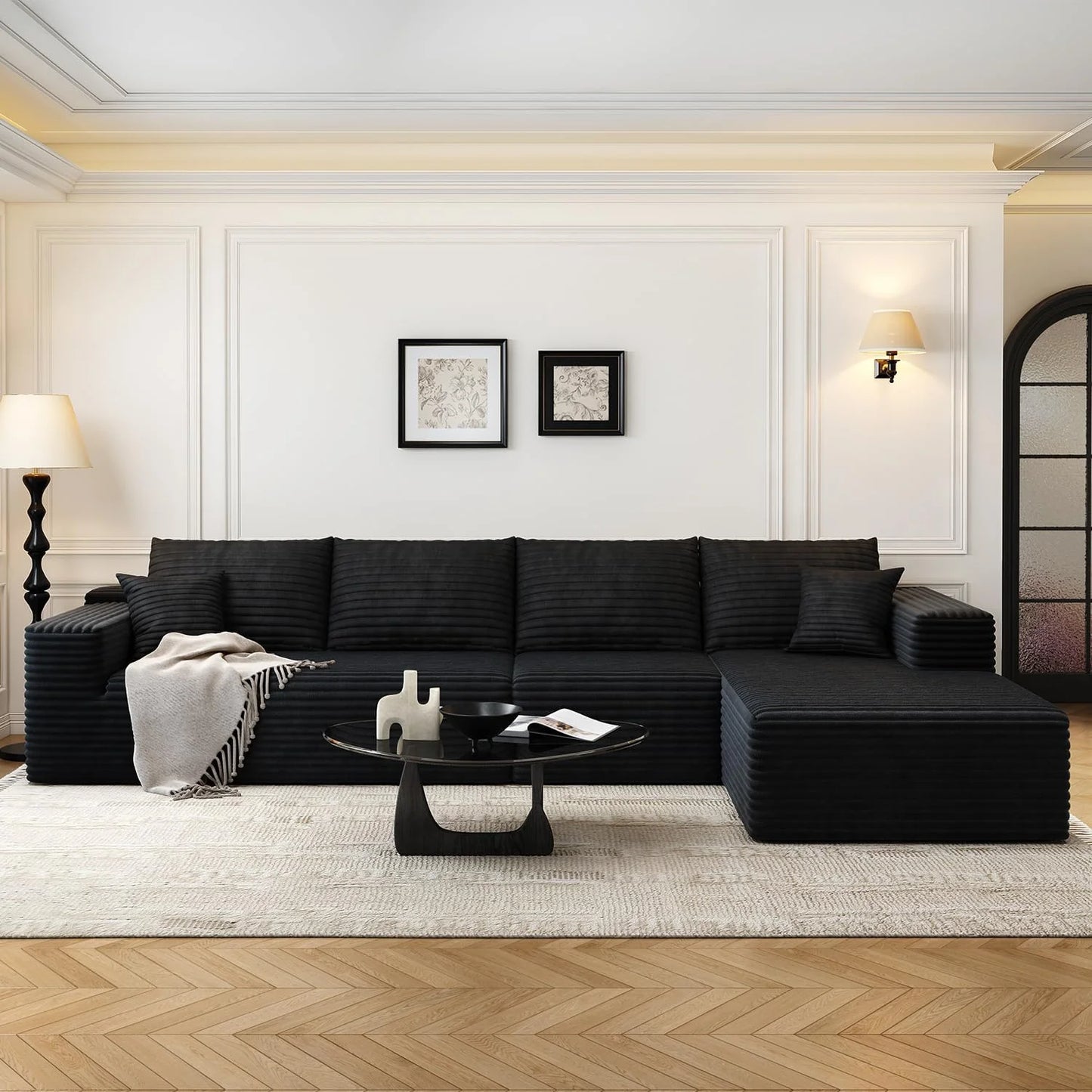 107.5" Cloud Modular Sectional Sofa Couch with L-Shape Chaise,Modern Minimalist Upholstered Couches for Living Room Bedroom,Deep Seat Corner Couch .No Assembly Required (Black,Left Facing Chaise)