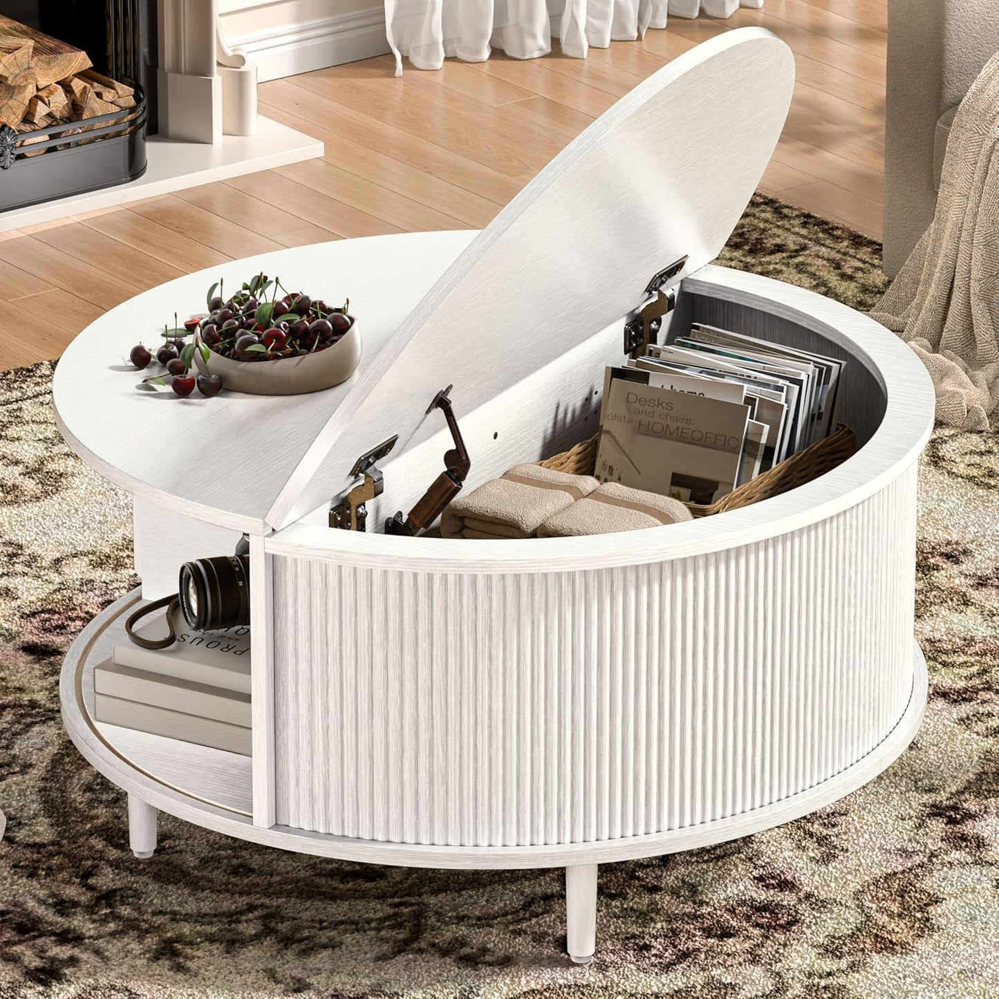 Round Coffee Table, 31.5" Fluted Center Table with Storage, Lift-Top Coffee Table with Adjustable Footpads, Sliding Door, Mid-Century Modern Center Table for Living Room, Small Space (Walnut)