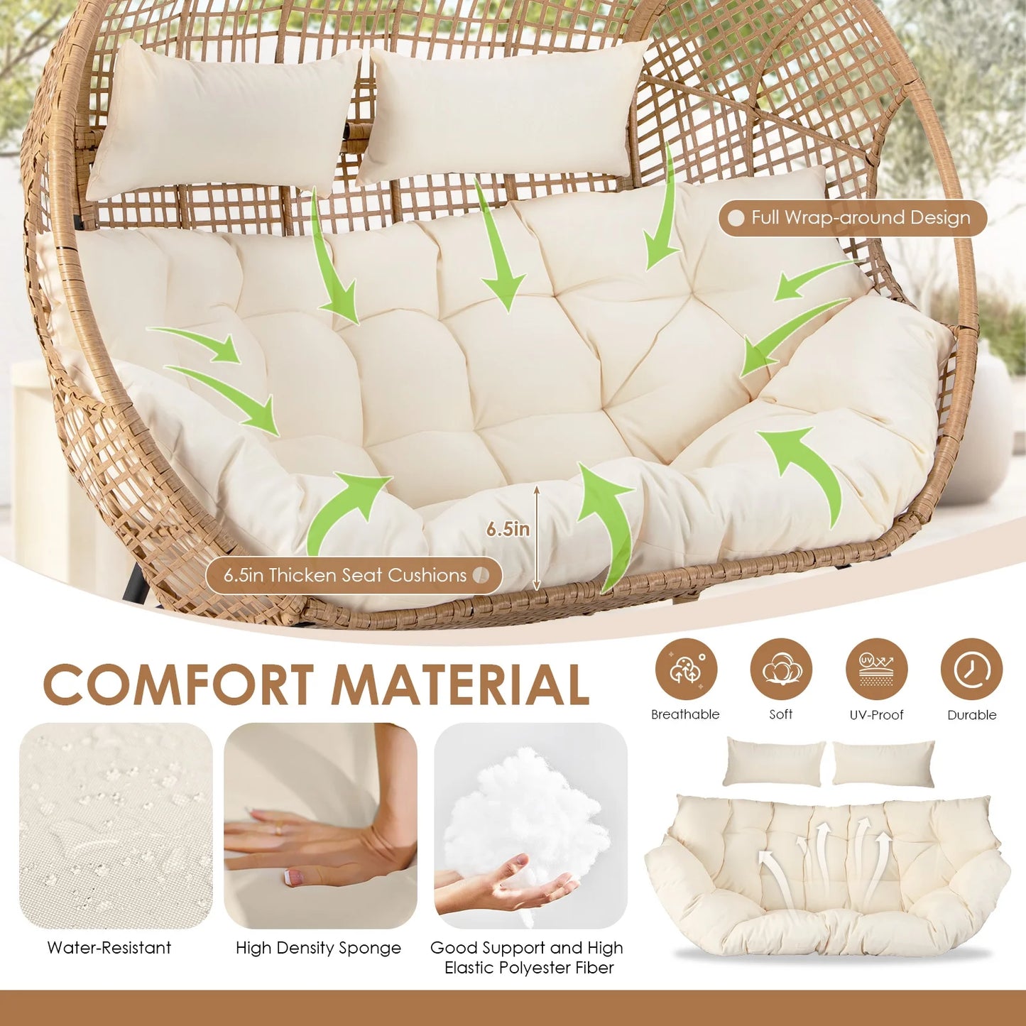 RADIATA Double Egg Chair for 2 Person, Oversized Wicker Loveseat with Thick Cushions, 680 lbs Capacity, Indoor Outdoor Stationary Patio Lounge Chair for Balcony, Garden, Beige