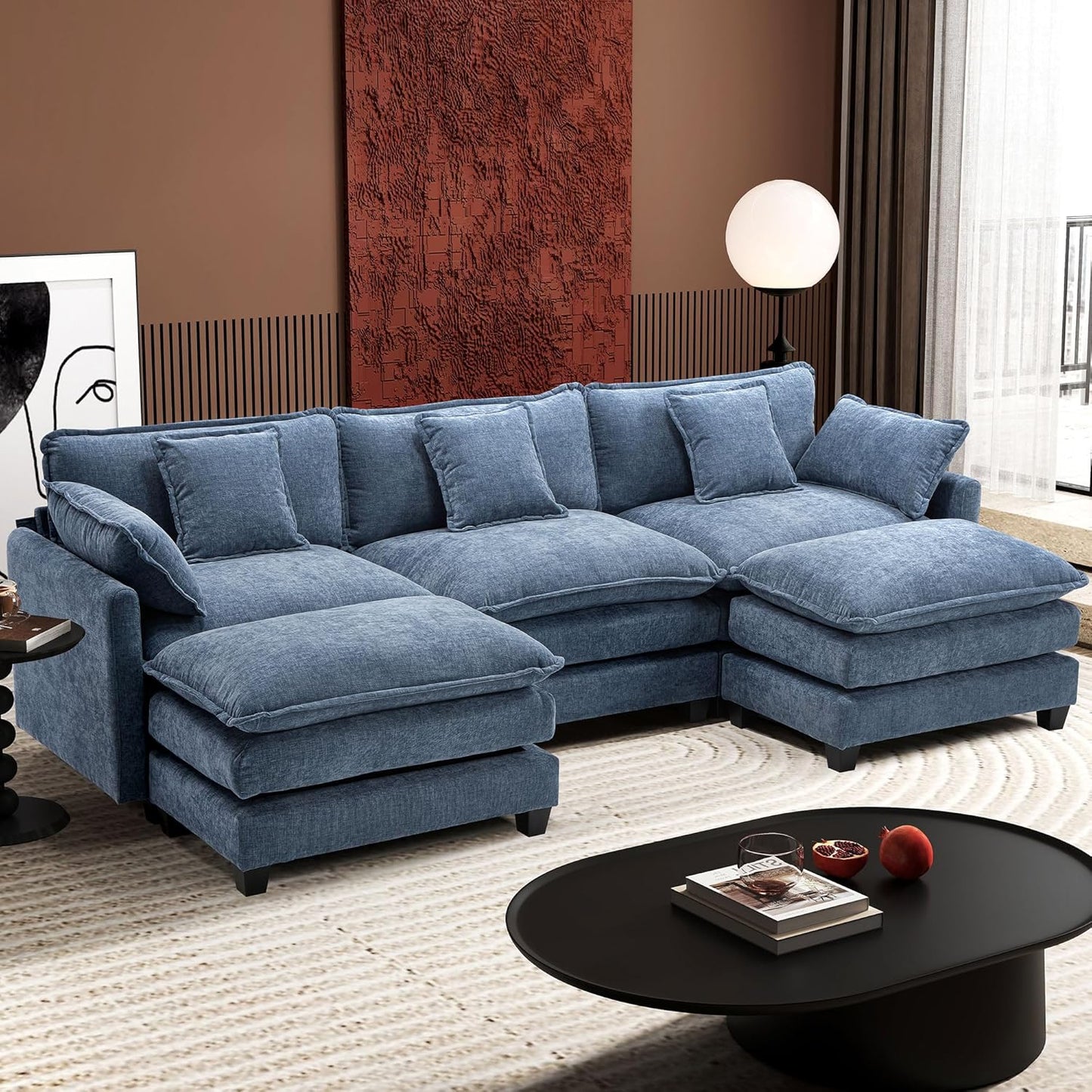 Ihanherry 146" U-Shaped Modern Sofa Modular Sectional Cloud Couch with 2 Ottoman, 6-Seat Chenille Deep Seat Sofa with 6 Pillows for Living Room, Bedroom and Apartment, Grey