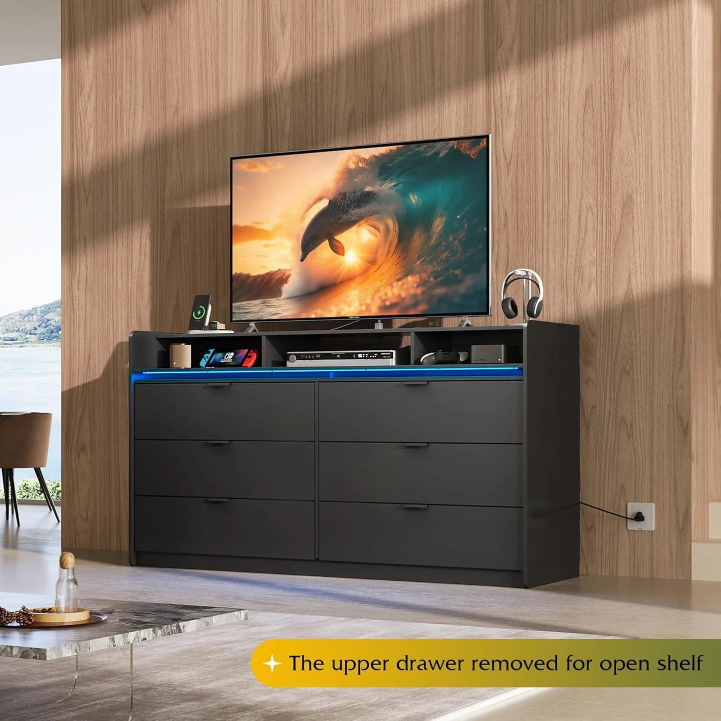 9 Drawer Led Dresser for Bedroom, 58.35'' Wide Wood Dresser Storage Organizer with Power Outlets for 65'' TV, Dressers with Open Shelves