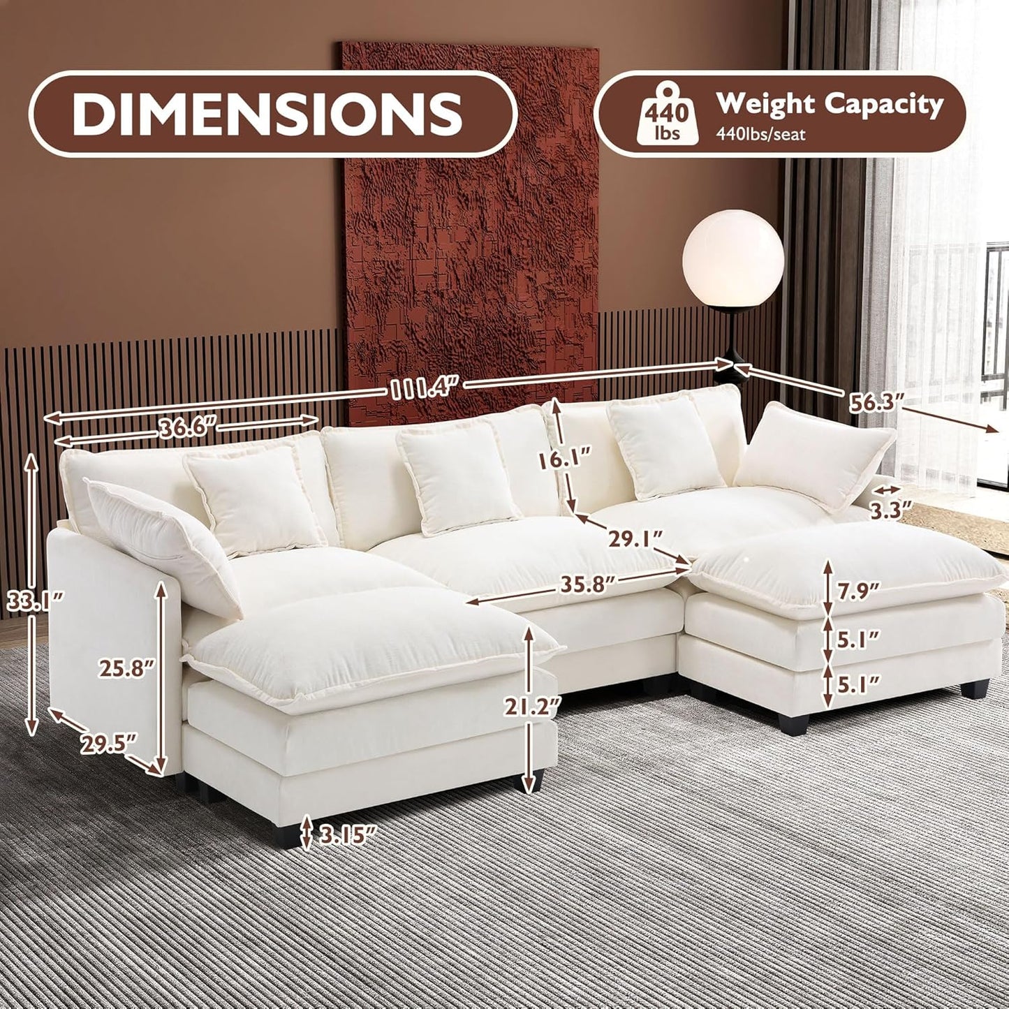 Ihanherry 146" U-Shaped Modern Sofa Modular Sectional Cloud Couch with 2 Ottoman, 6-Seat Chenille Deep Seat Sofa with 6 Pillows for Living Room, Bedroom and Apartment, Grey