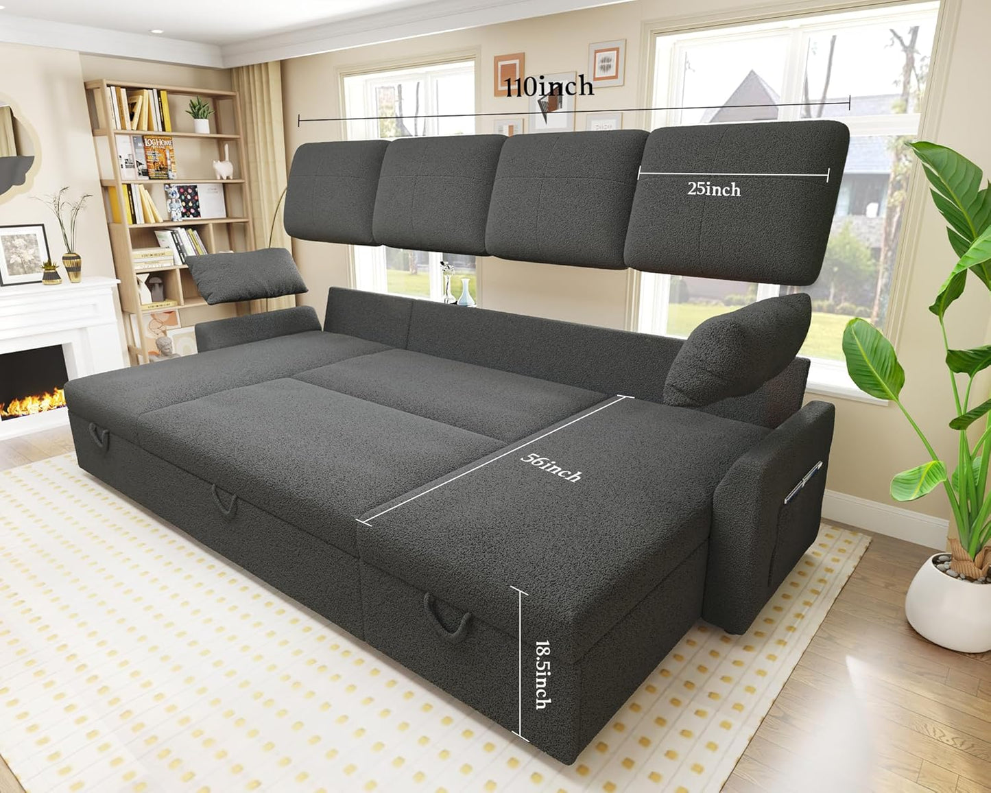 VanAcc Sofa Bed, Sleeper Sofa with Storage Chaise 2 in 1 Pull Out Couch Living Room
