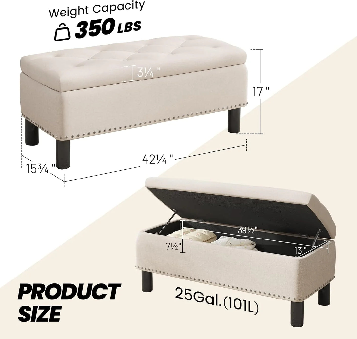 Furniliving Modern Storage Ottoman Bench, Sherpa Ottoman End of Bed Bench with Solid Wood Legs Upholstered Ottoman Benches with Storage Indoor Bench for Living Room with Rolled Arm, Entryway, White