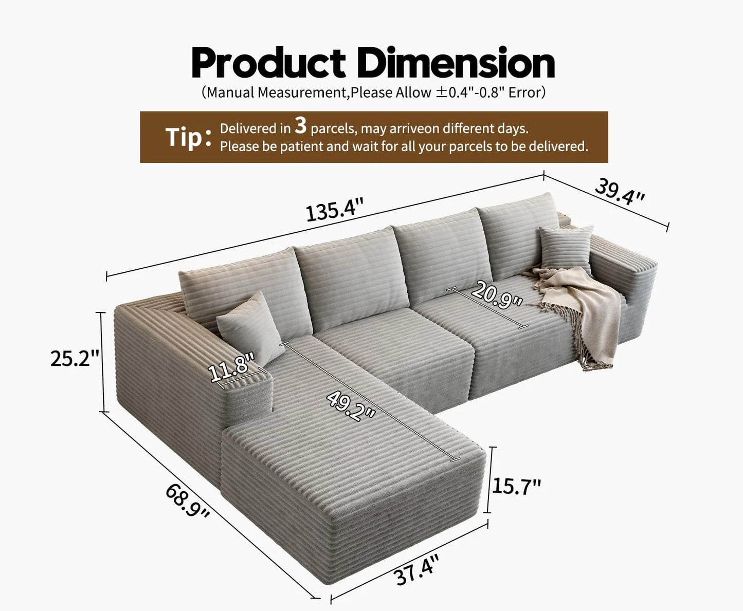 107.5" Cloud Modular Sectional Sofa Couch with L-Shape Chaise,Modern Minimalist Upholstered Couches for Living Room Bedroom,Deep Seat Corner Couch .No Assembly Required (Black,Left Facing Chaise)