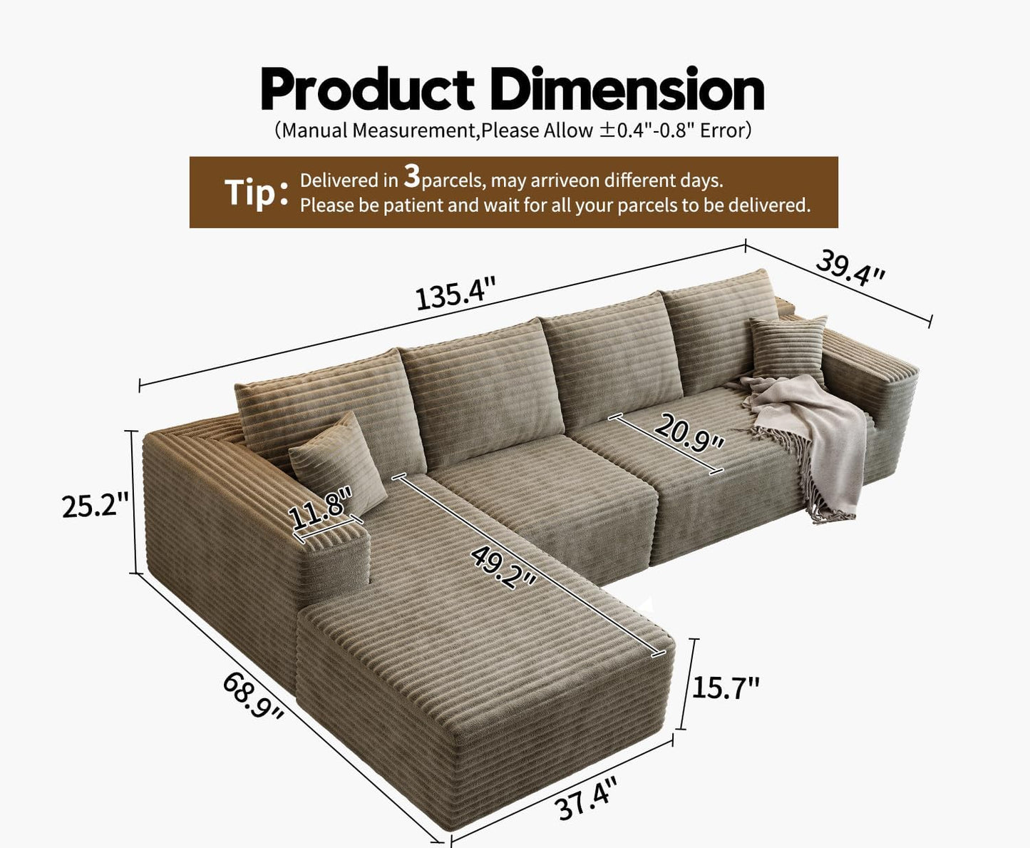 107.5" Cloud Modular Sectional Sofa Couch with L-Shape Chaise,Modern Minimalist Upholstered Couches for Living Room Bedroom,Deep Seat Corner Couch .No Assembly Required (Black,Left Facing Chaise)