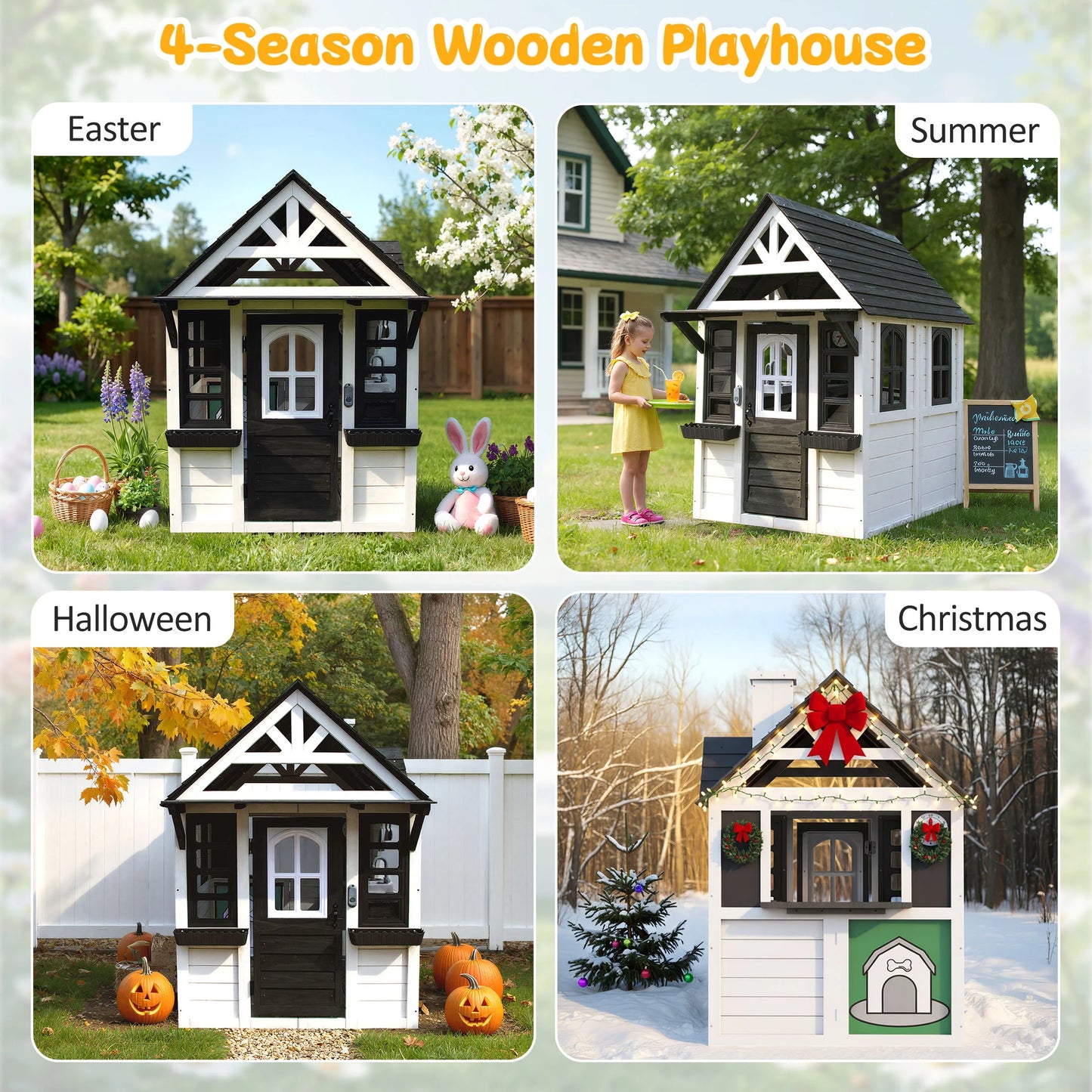 COCLUB Outdoor Playhouse for Kids Ages 4-8, Wooden Play House with Doorbell, Phone, Kitchen Toys, Outdoor Kids Play Equipment, Casa Para Ni?as (45L x 65H), White & Black