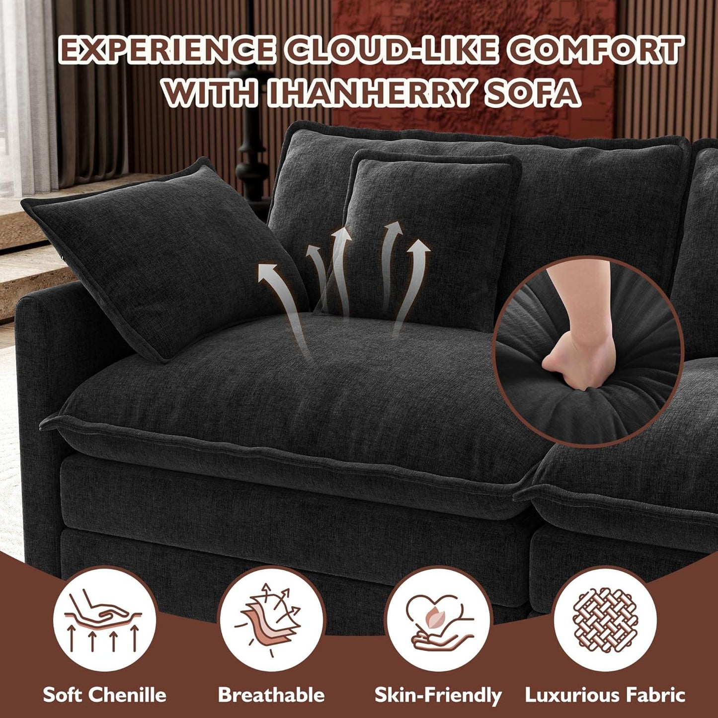 Ihanherry 146" U-Shaped Modern Sofa Modular Sectional Cloud Couch with 2 Ottoman, 6-Seat Chenille Deep Seat Sofa with 6 Pillows for Living Room, Bedroom and Apartment, Grey