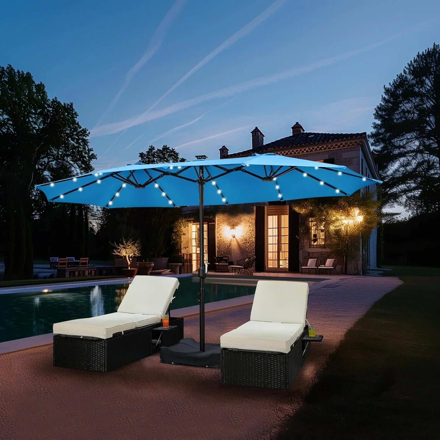 15 ft Large Patio Umbrella with Solar Lights Double-Sided Outdoor Rectangle Market Umbrellas with 36 LED Lights/Base Included/Easy Crank for Patio Garden Yard Pool Lawn, Brown