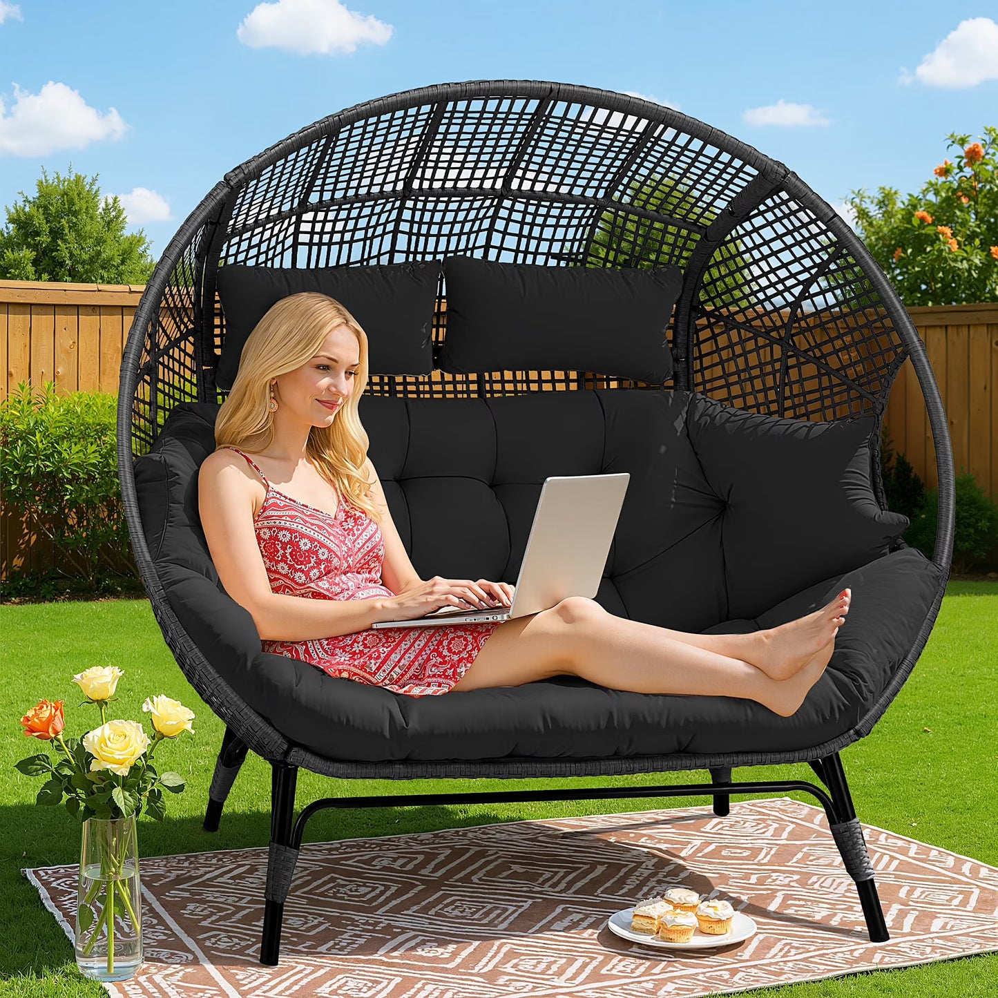 RADIATA Double Egg Chair for 2 Person, Oversized Wicker Loveseat with Thick Cushions, 680 lbs Capacity, Indoor Outdoor Stationary Patio Lounge Chair for Balcony, Garden, Beige