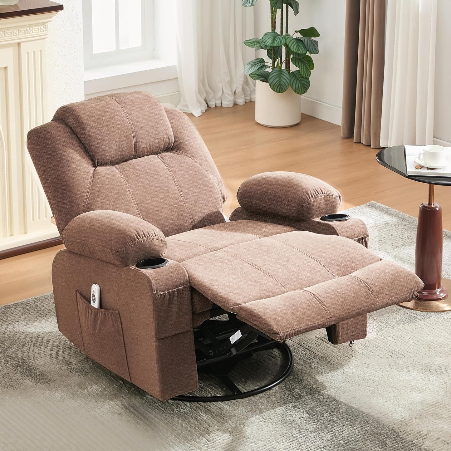 Oversized Swivel Rocker Recliner Chair with Heat and Massage, 360 Degree Swivel Rocking Single Sofa with Cup Holders and USB Port, Large Big Recliner Chair for Living Room (Leather, Brown)
