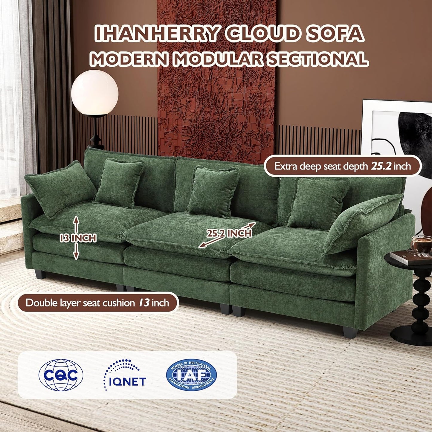 Ihanherry 146" U-Shaped Modern Sofa Modular Sectional Cloud Couch with 2 Ottoman, 6-Seat Chenille Deep Seat Sofa with 6 Pillows for Living Room, Bedroom and Apartment, Grey