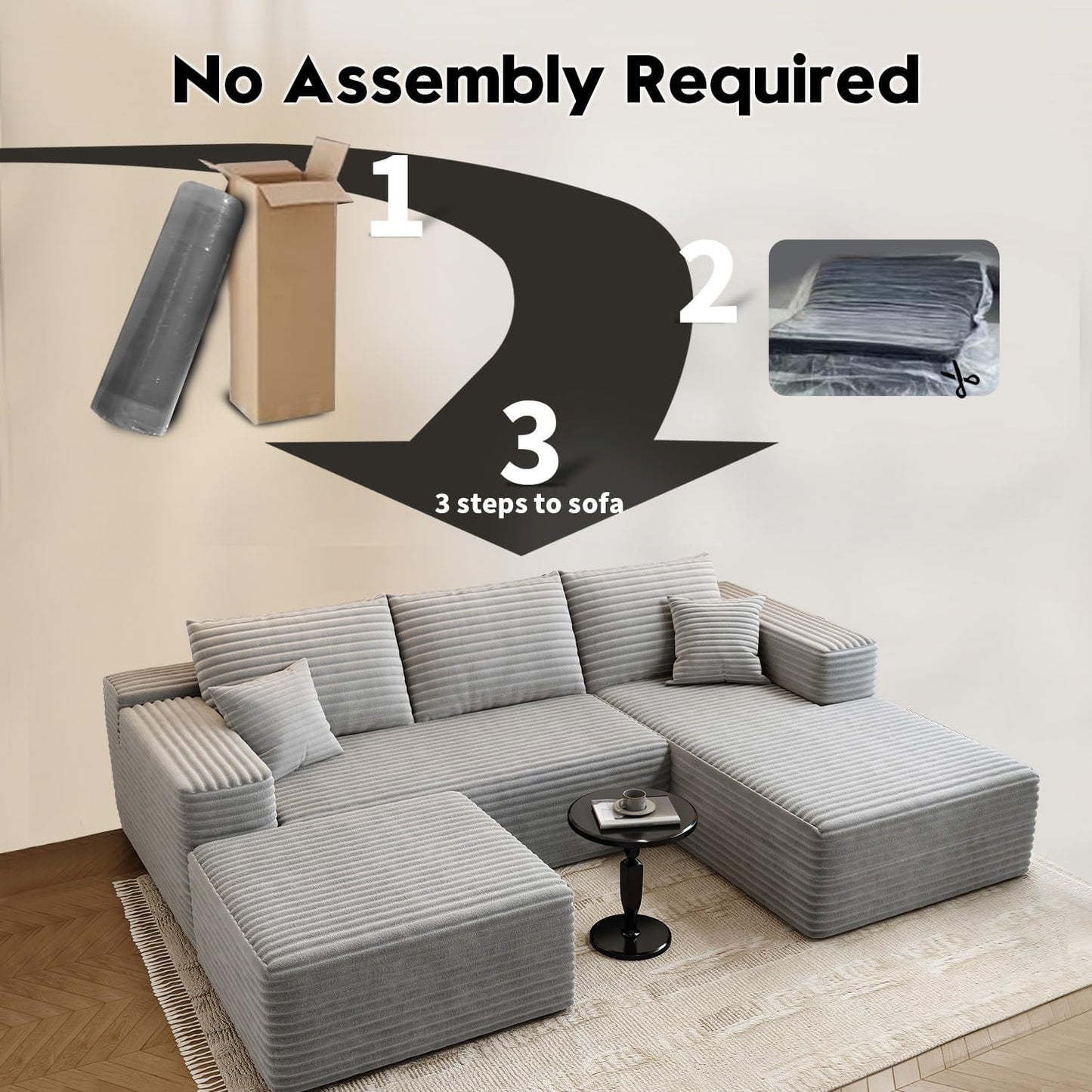 107.5" Cloud Modular Sectional Sofa Couch with L-Shape Chaise,Modern Minimalist Upholstered Couches for Living Room Bedroom,Deep Seat Corner Couch .No Assembly Required (Black,Left Facing Chaise)