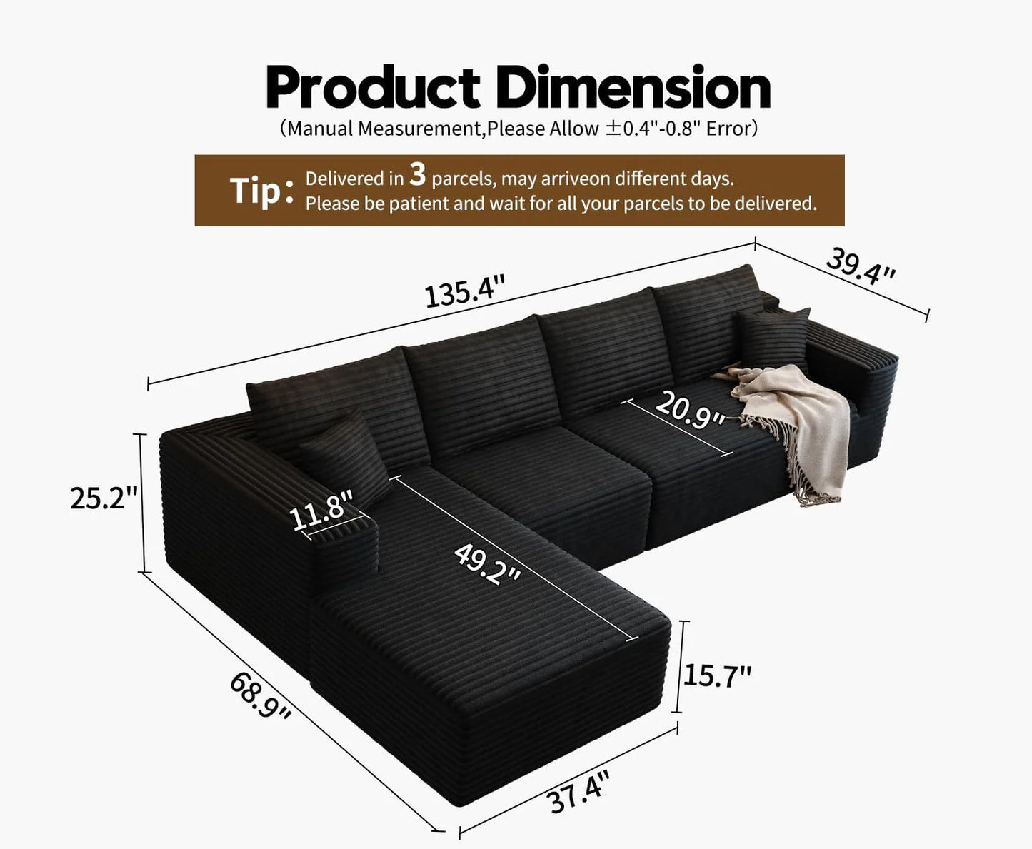 107.5" Cloud Modular Sectional Sofa Couch with L-Shape Chaise,Modern Minimalist Upholstered Couches for Living Room Bedroom,Deep Seat Corner Couch .No Assembly Required (Black,Left Facing Chaise)