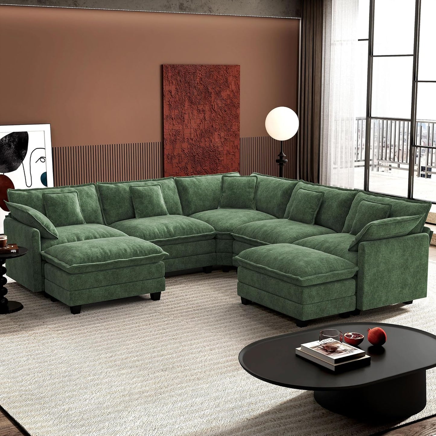 Ihanherry 146" U-Shaped Modern Sofa Modular Sectional Cloud Couch with 2 Ottoman, 6-Seat Chenille Deep Seat Sofa with 6 Pillows for Living Room, Bedroom and Apartment, Grey