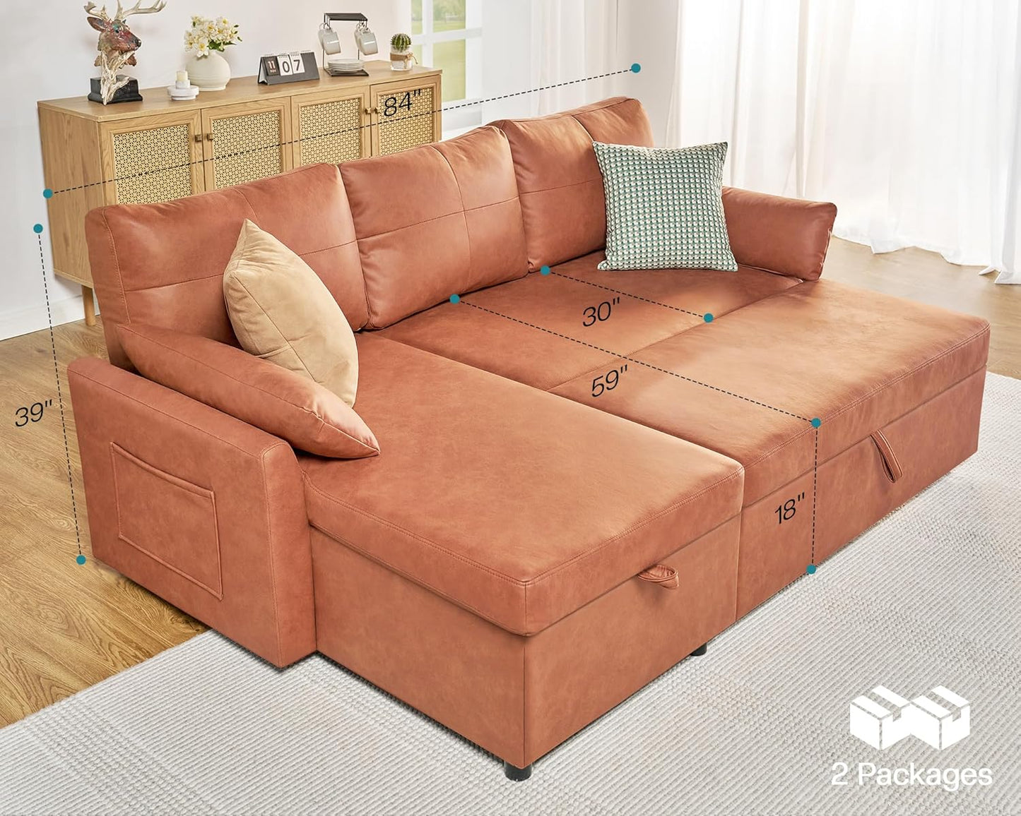 VanAcc Sofa Bed, Sleeper Sofa with Storage Chaise 2 in 1 Pull Out Couch Living Room