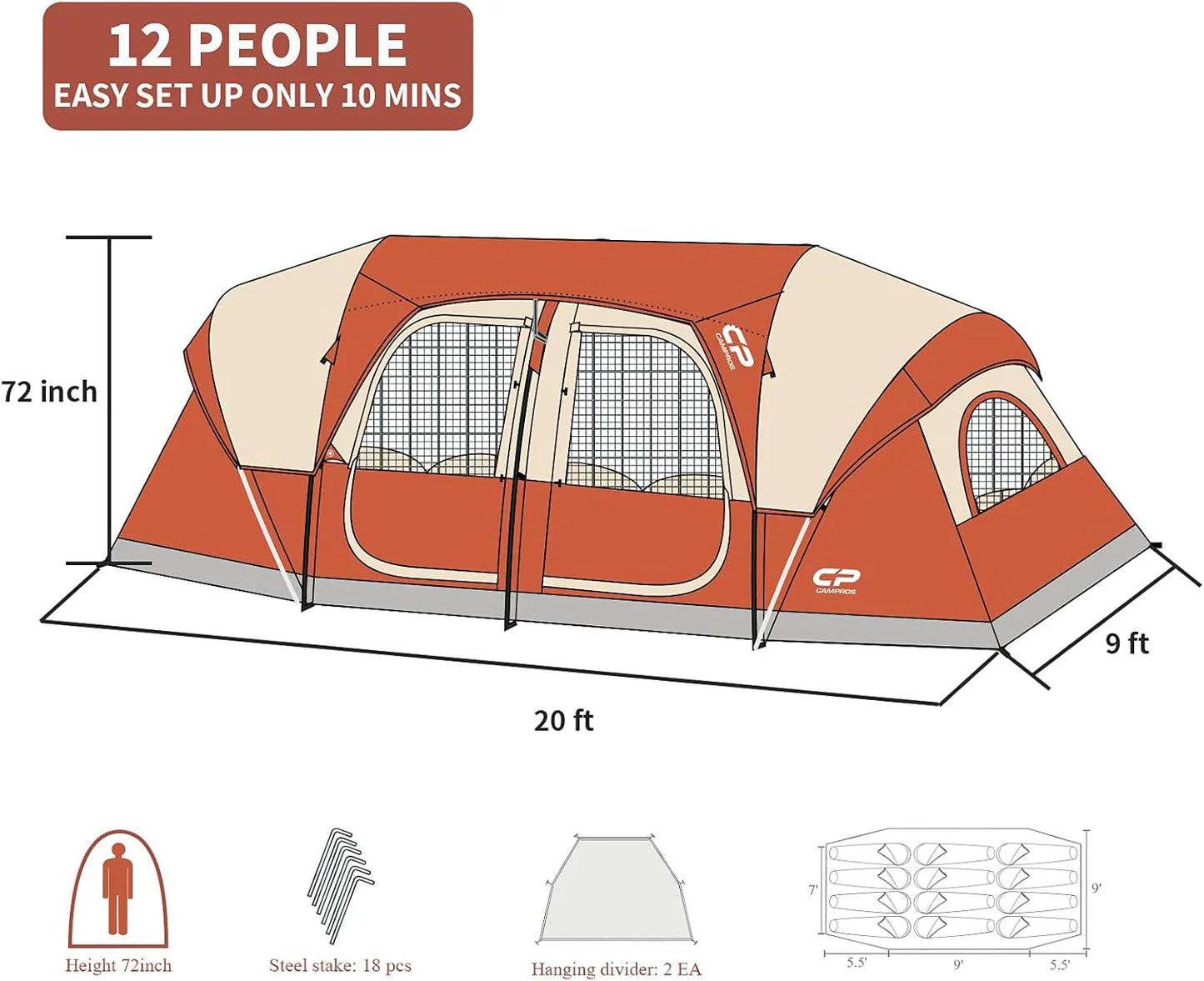 CAMPROS CP Tent 12-Person-Camping-Tents,3 Room Family Tents,Waterproof Windproof Family Tent with Top Rainfly,6 Large Mesh Windows,Double Layer,Easy Set Up, Portable with Carry Bag-20' x 9' x 72"(H)
