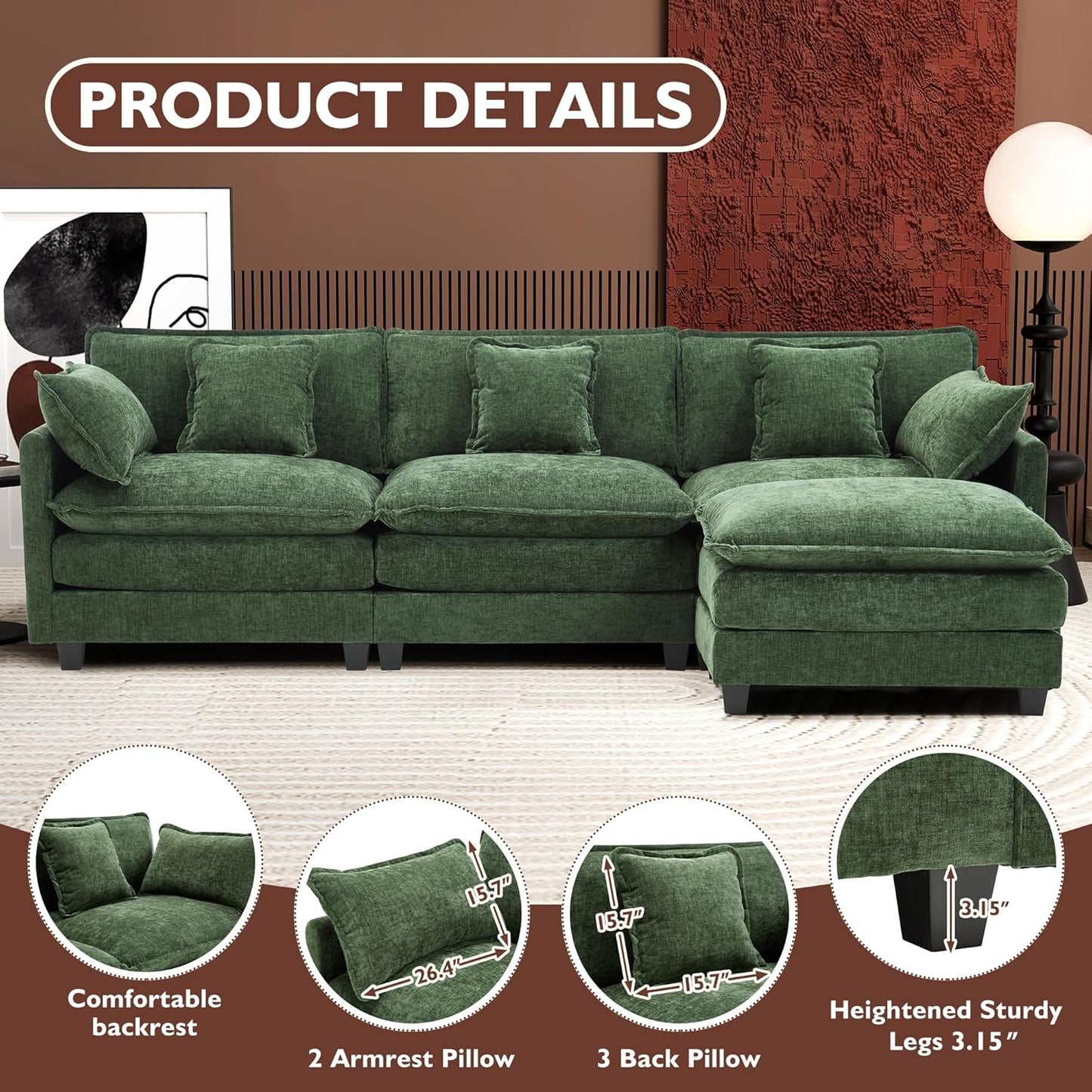 Ihanherry 146" U-Shaped Modern Sofa Modular Sectional Cloud Couch with 2 Ottoman, 6-Seat Chenille Deep Seat Sofa with 6 Pillows for Living Room, Bedroom and Apartment, Grey
