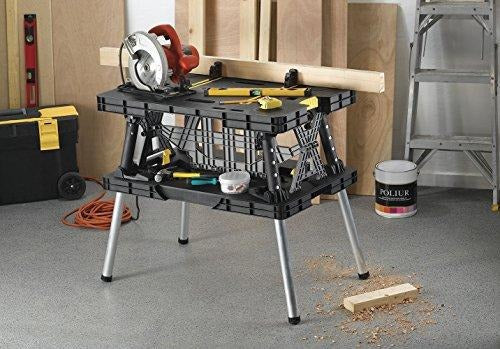 Keter C 197283 Folding Table Work Bench for Miter Saw Stand, Woodworking Tools and Accessories with Included 12 Inch Wood Clamps C Easy Garage Storage Black/Yellow