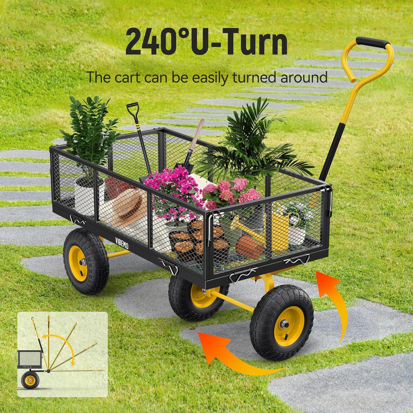 Steel Garden Cart, 2-in-1 1400 lbs Heavy Duty Utility Wagon, with Removable Mesh Sides to Convert into Flatbed, 240 U-Turn 13" Pneumatic Tires Garden Wagon for Farm Yard Lawn Garden Camping