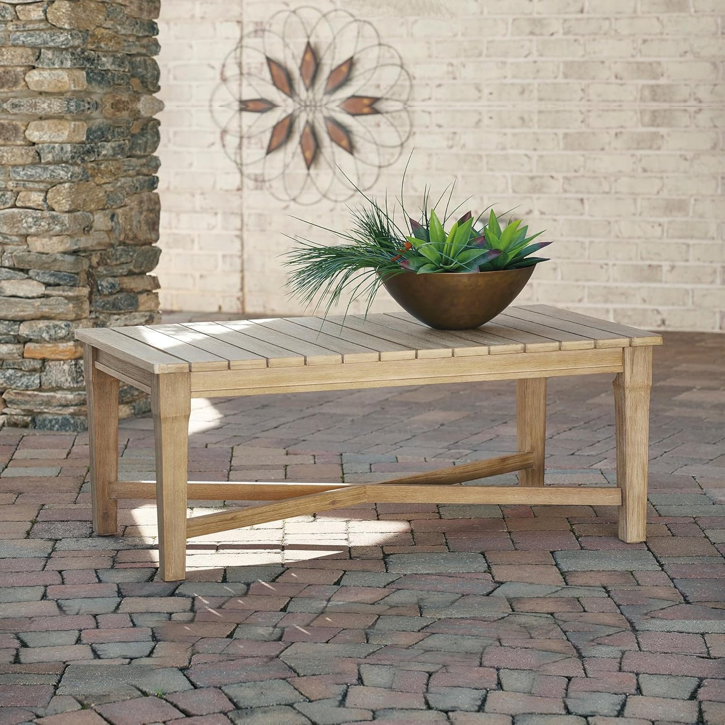 Signature Design by Ashley Clare View Coastal Outdoor Patio Eucalyptus Sofa with Cushions, Beige