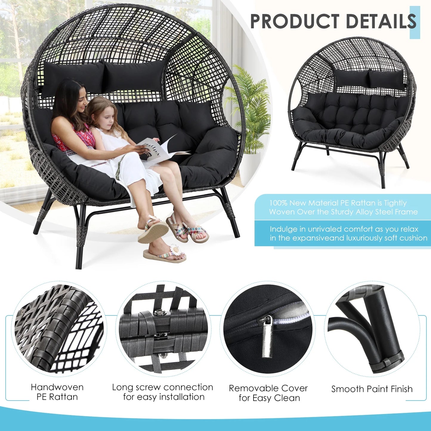 RADIATA Double Egg Chair for 2 Person, Oversized Wicker Loveseat with Thick Cushions, 680 lbs Capacity, Indoor Outdoor Stationary Patio Lounge Chair for Balcony, Garden, Beige