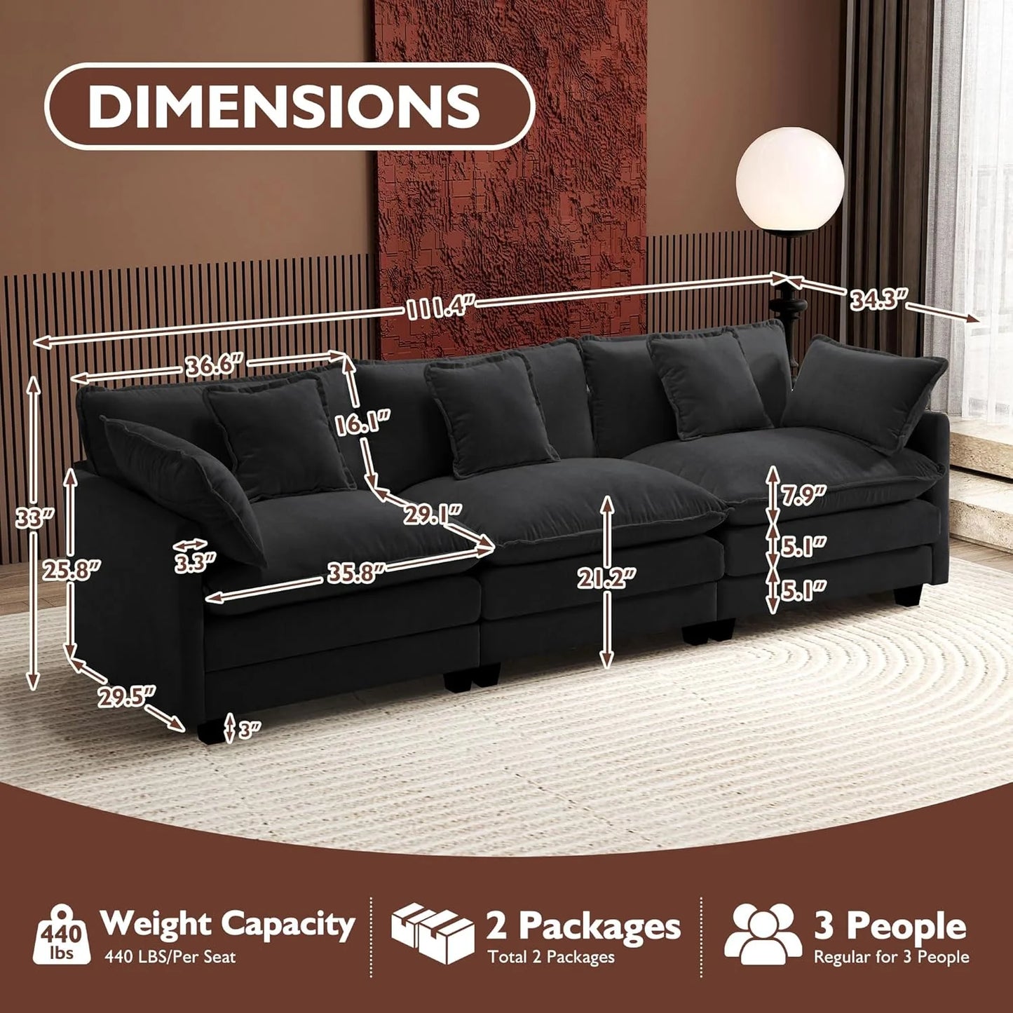 111.4 Inch L-Shaped Modern Sofa Modular Cloud Sofa Ottoman 4-Seater Chenille Deep Seat Sofa