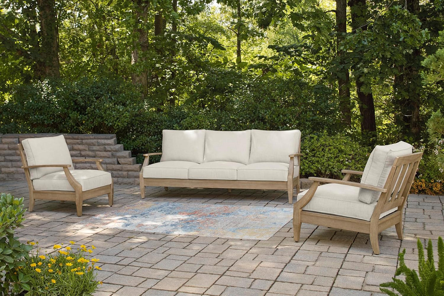 Signature Design by Ashley Clare View Coastal Outdoor Patio Eucalyptus Sofa with Cushions, Beige