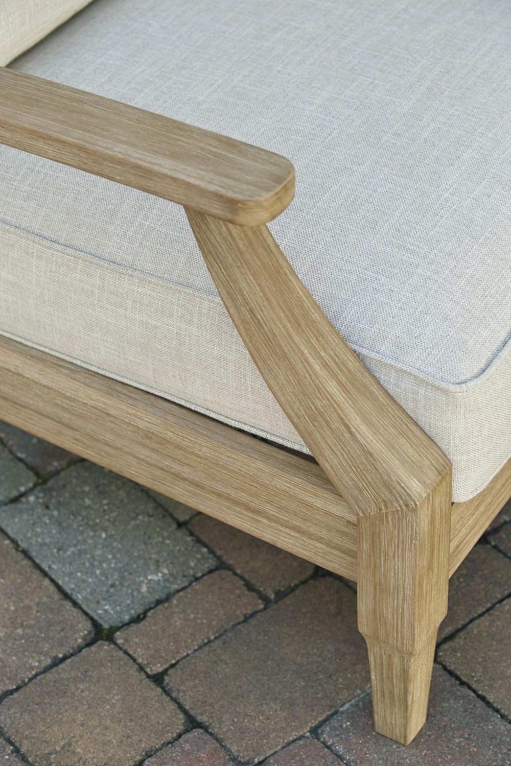 Signature Design by Ashley Clare View Coastal Outdoor Patio Eucalyptus Sofa with Cushions, Beige