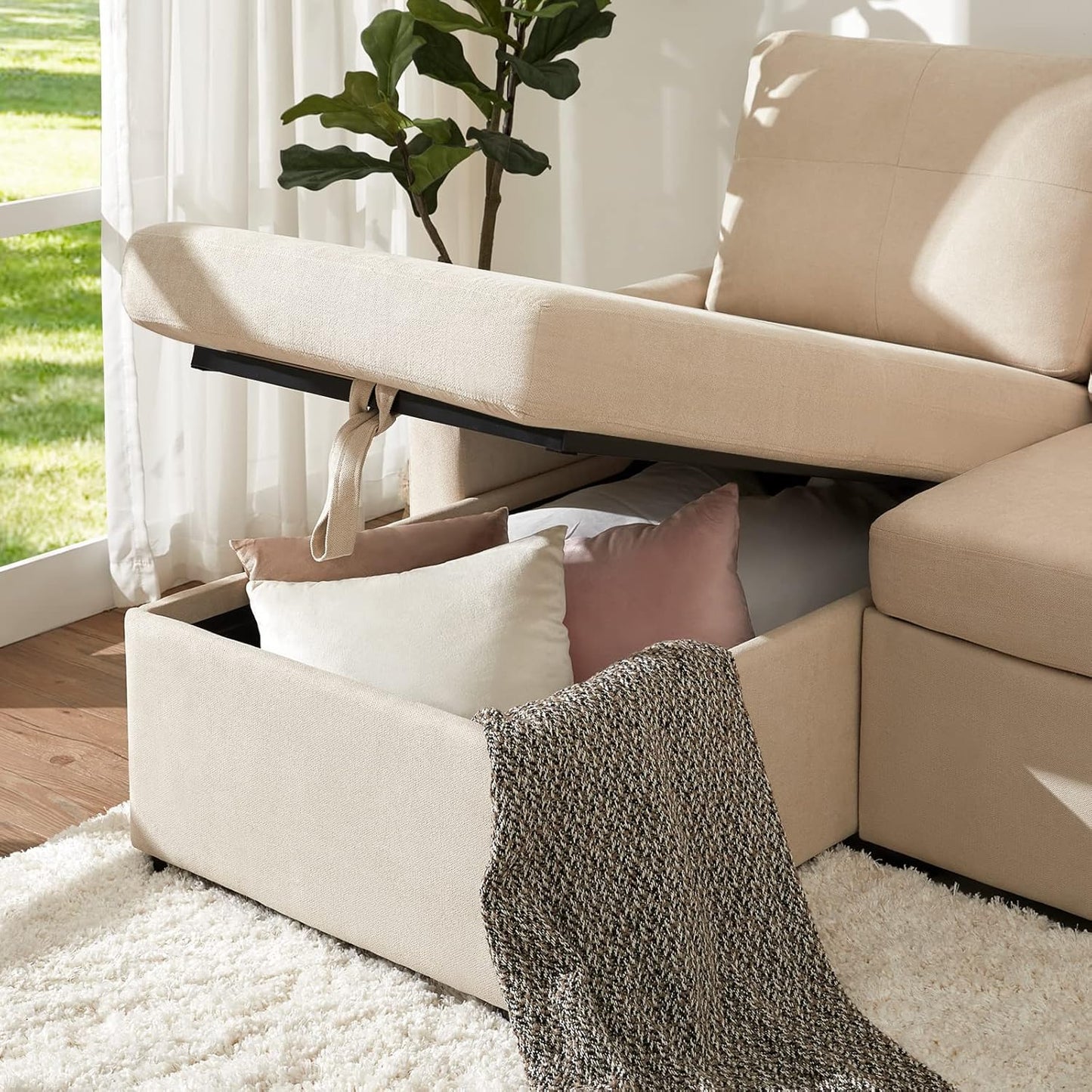 VanAcc Sofa Bed, Sleeper Sofa with Storage Chaise 2 in 1 Pull Out Couch Living Room