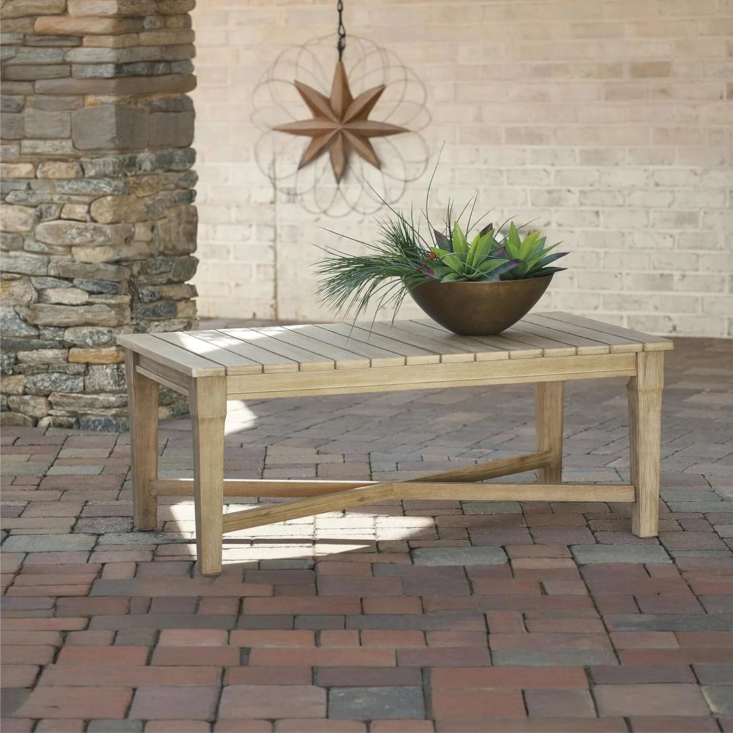 Signature Design by Ashley Clare View Coastal Outdoor Patio Eucalyptus Sofa with Cushions, Beige