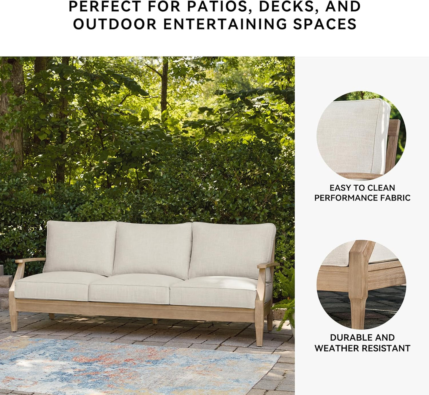 Signature Design by Ashley Clare View Coastal Outdoor Patio Eucalyptus Sofa with Cushions, Beige